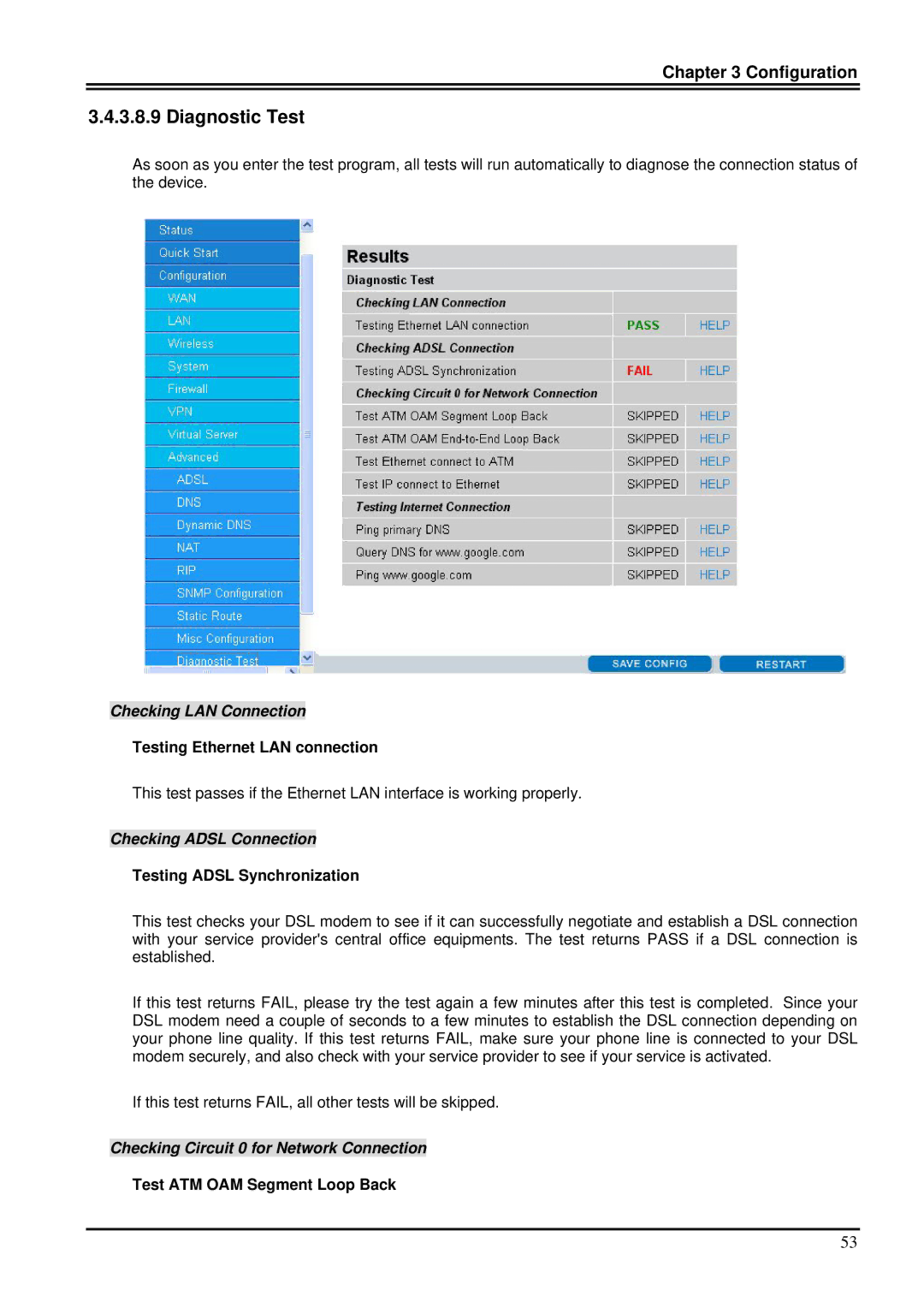 Billion Electric Company 7100SG manual Diagnostic Test, Checking LAN Connection 