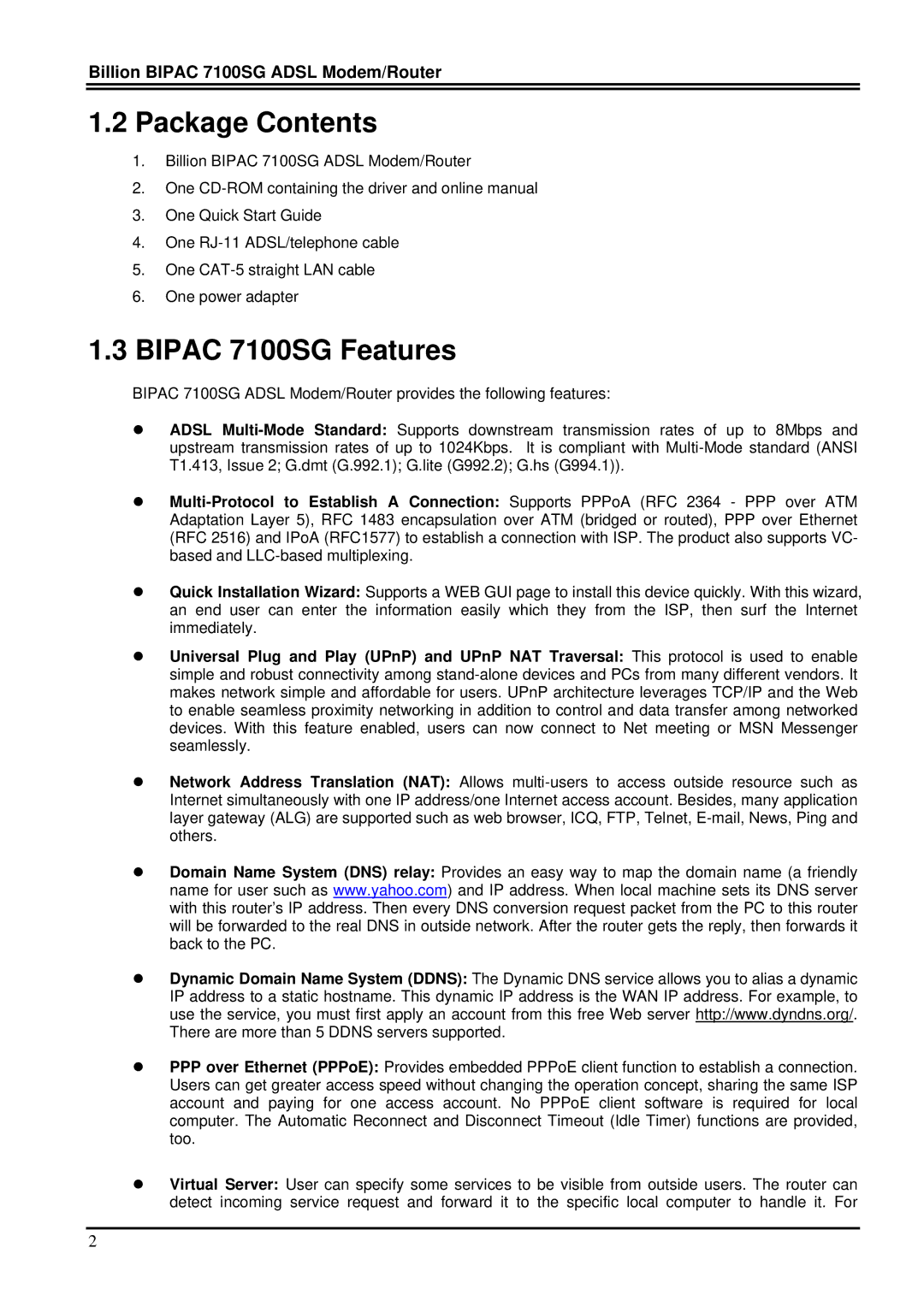 Billion Electric Company manual Package Contents, Bipac 7100SG Features 