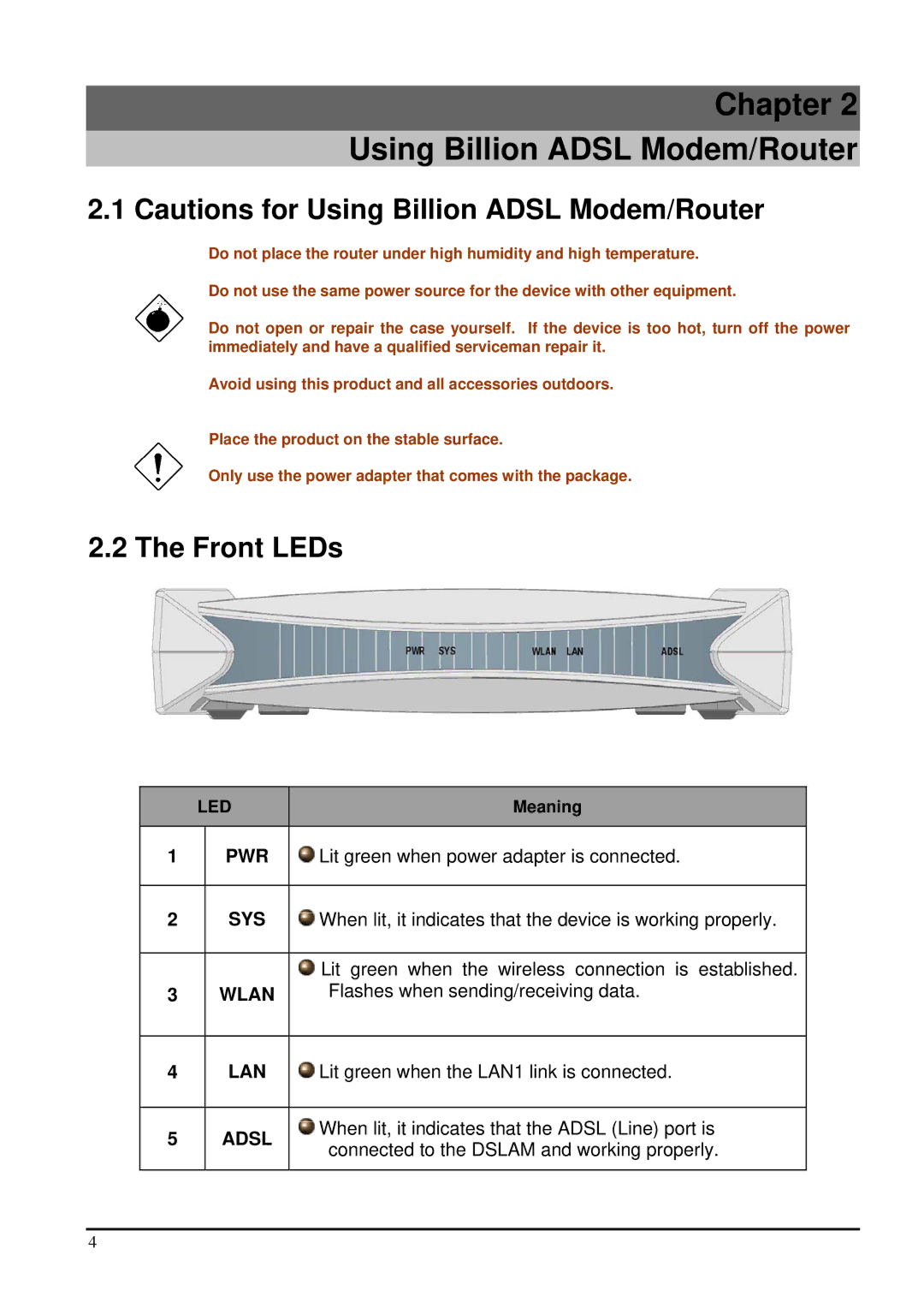 Billion Electric Company 7100SG Front LEDs, Lit green when power adapter is connected, Flashes when sending/receiving data 