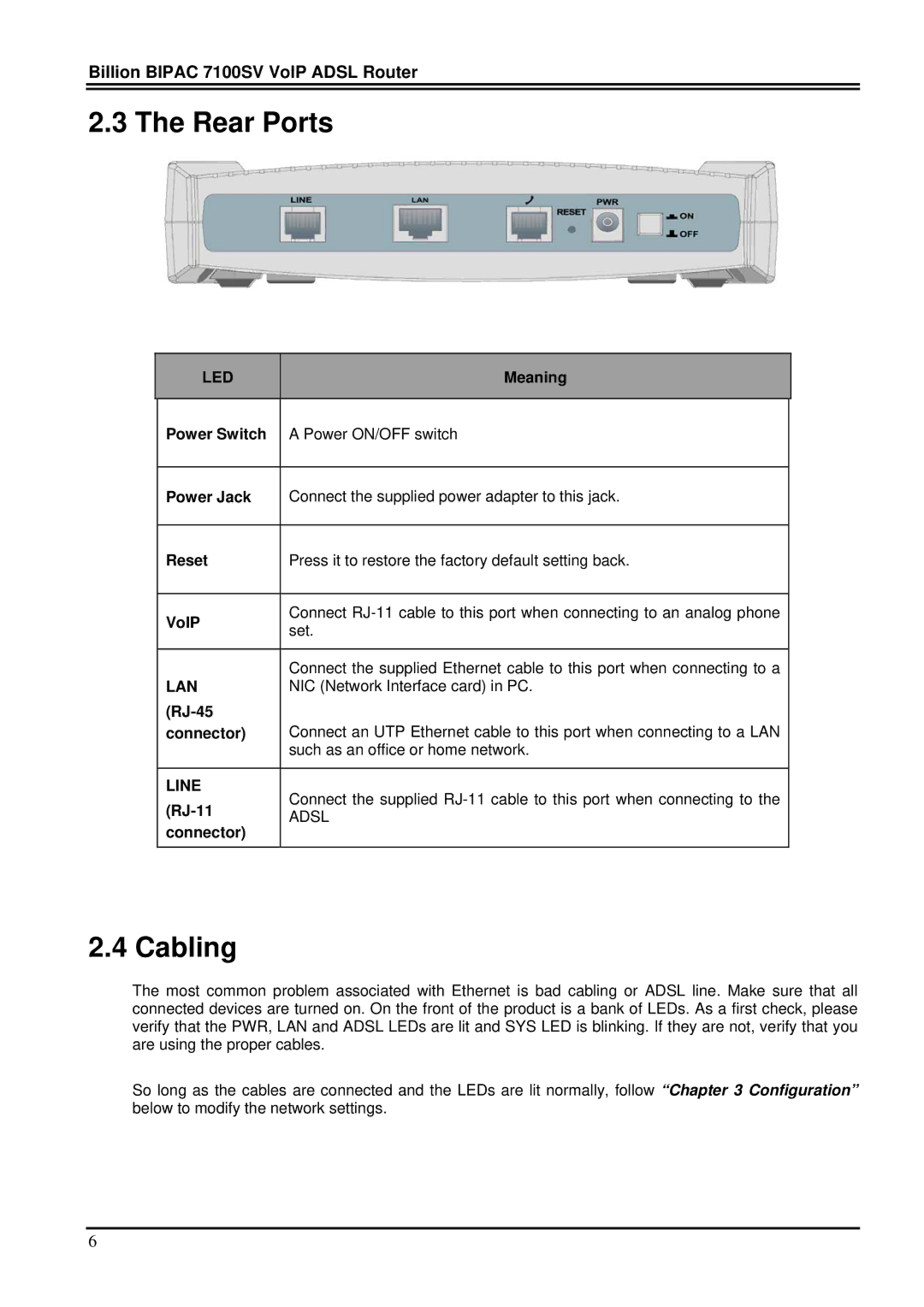 Billion Electric Company 7100SV manual Rear Ports, Cabling 