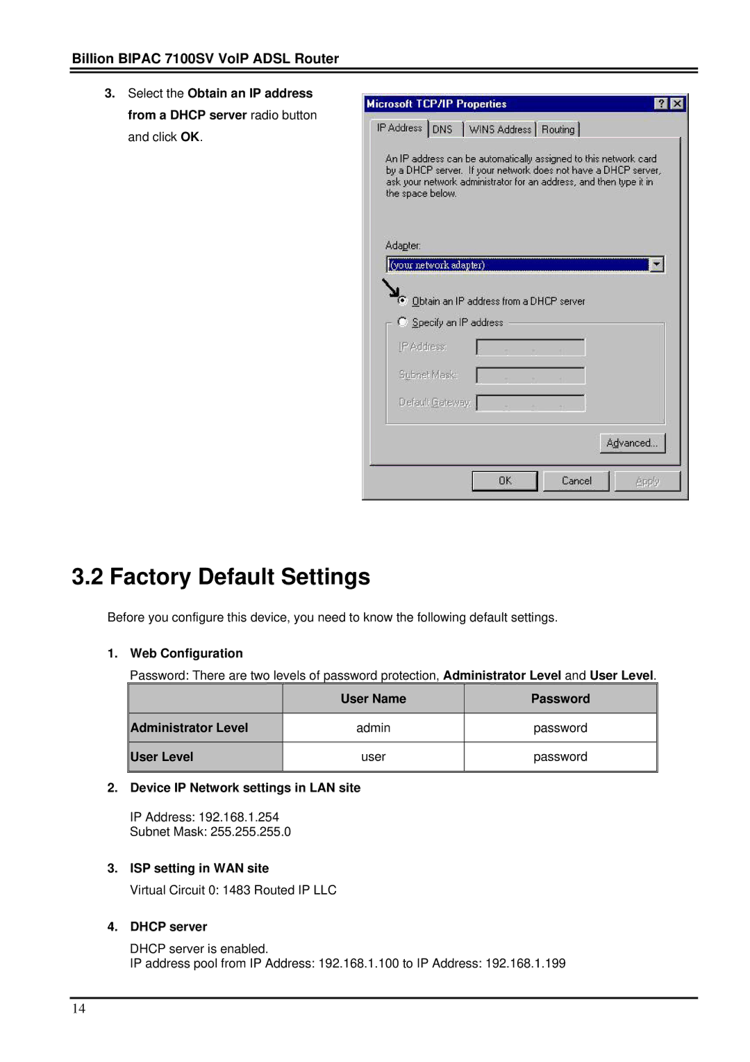 Billion Electric Company 7100SV manual Factory Default Settings 