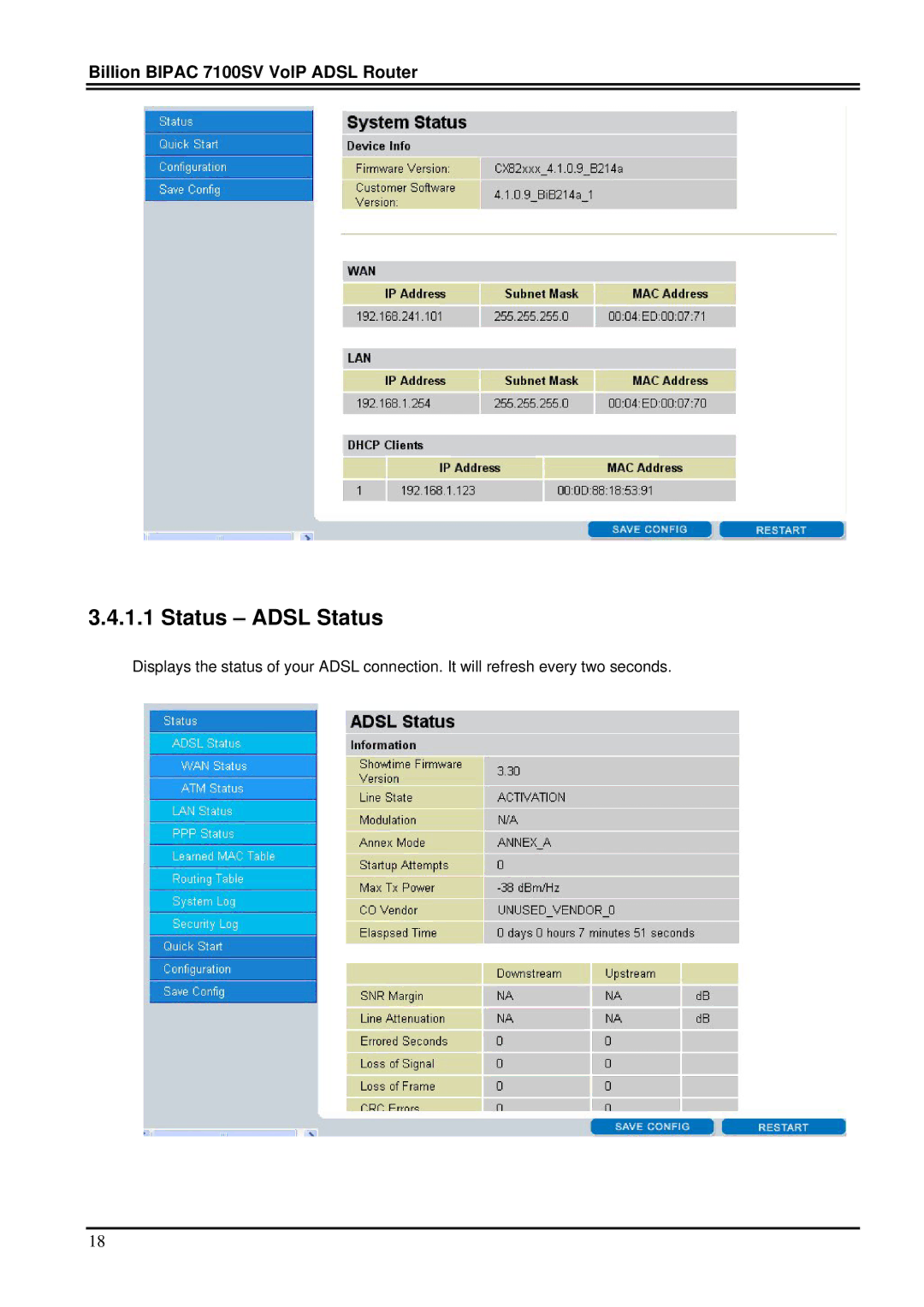 Billion Electric Company 7100SV manual Status Adsl Status 