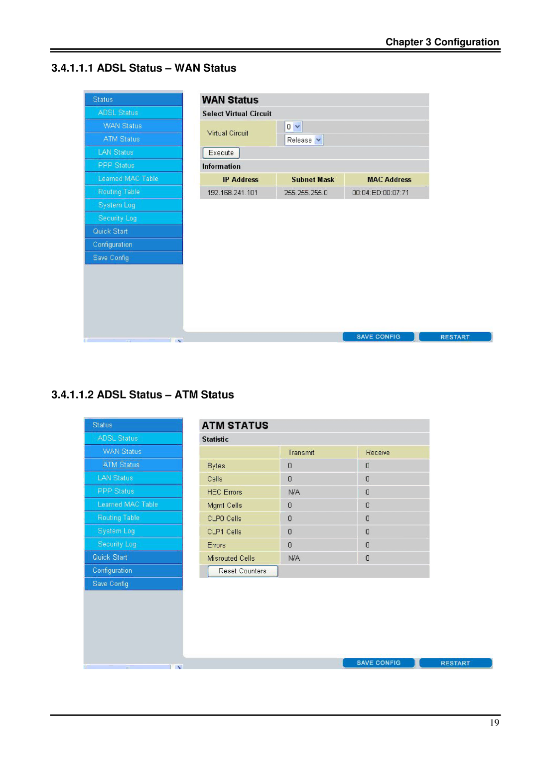 Billion Electric Company 7100SV manual Adsl Status WAN Status Adsl Status ATM Status 