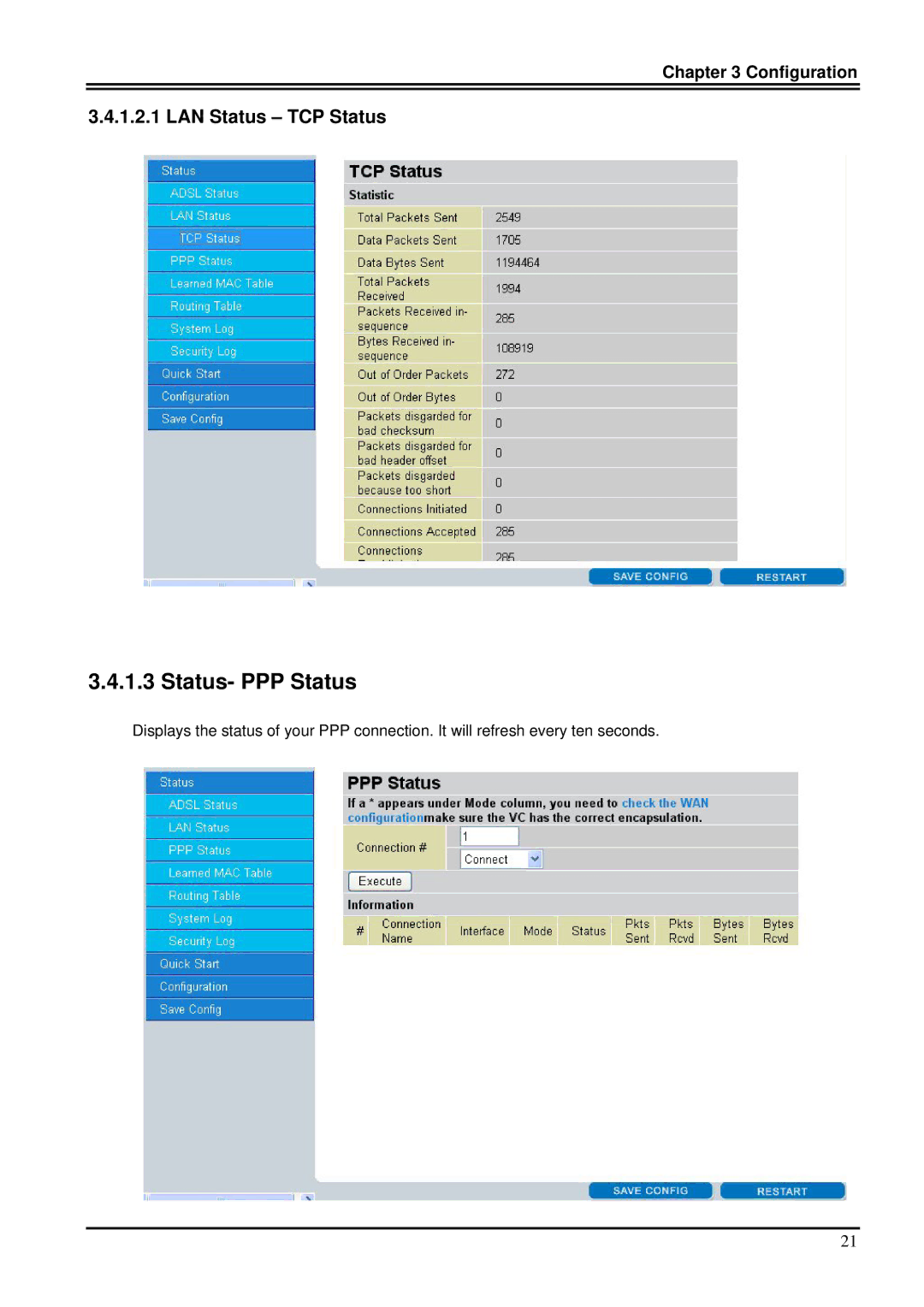 Billion Electric Company 7100SV manual Status- PPP Status, LAN Status TCP Status 