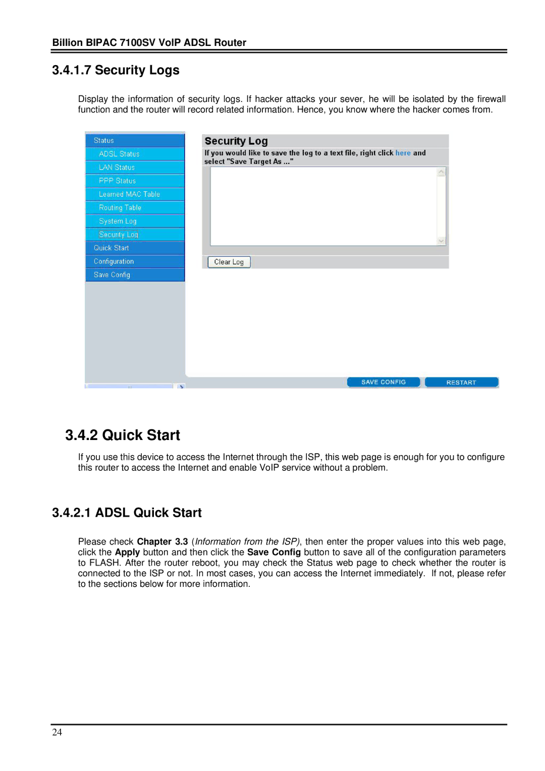 Billion Electric Company 7100SV manual Security Logs, Adsl Quick Start 