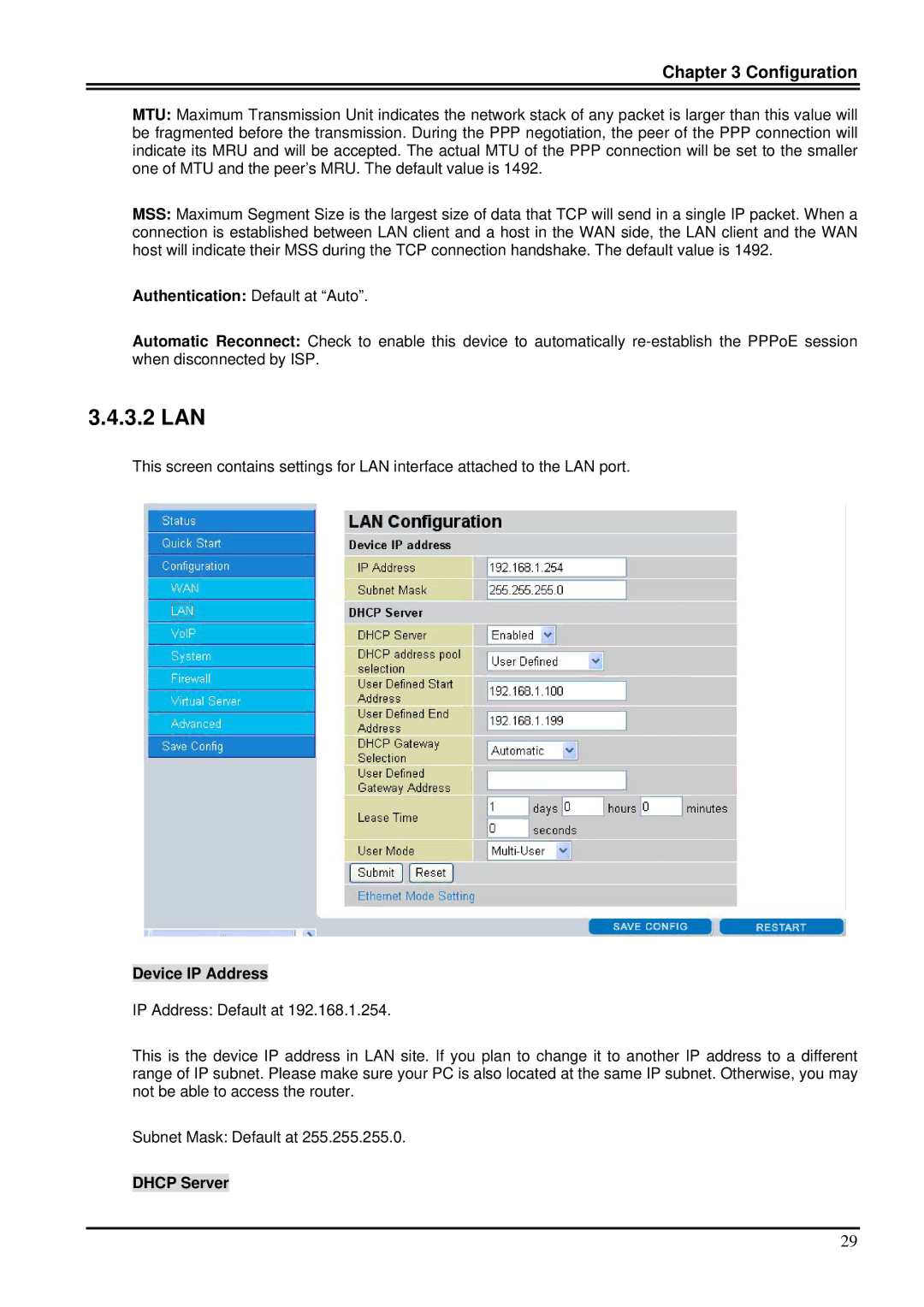 Billion Electric Company 7100SV manual 3.2 LAN, Device IP Address 