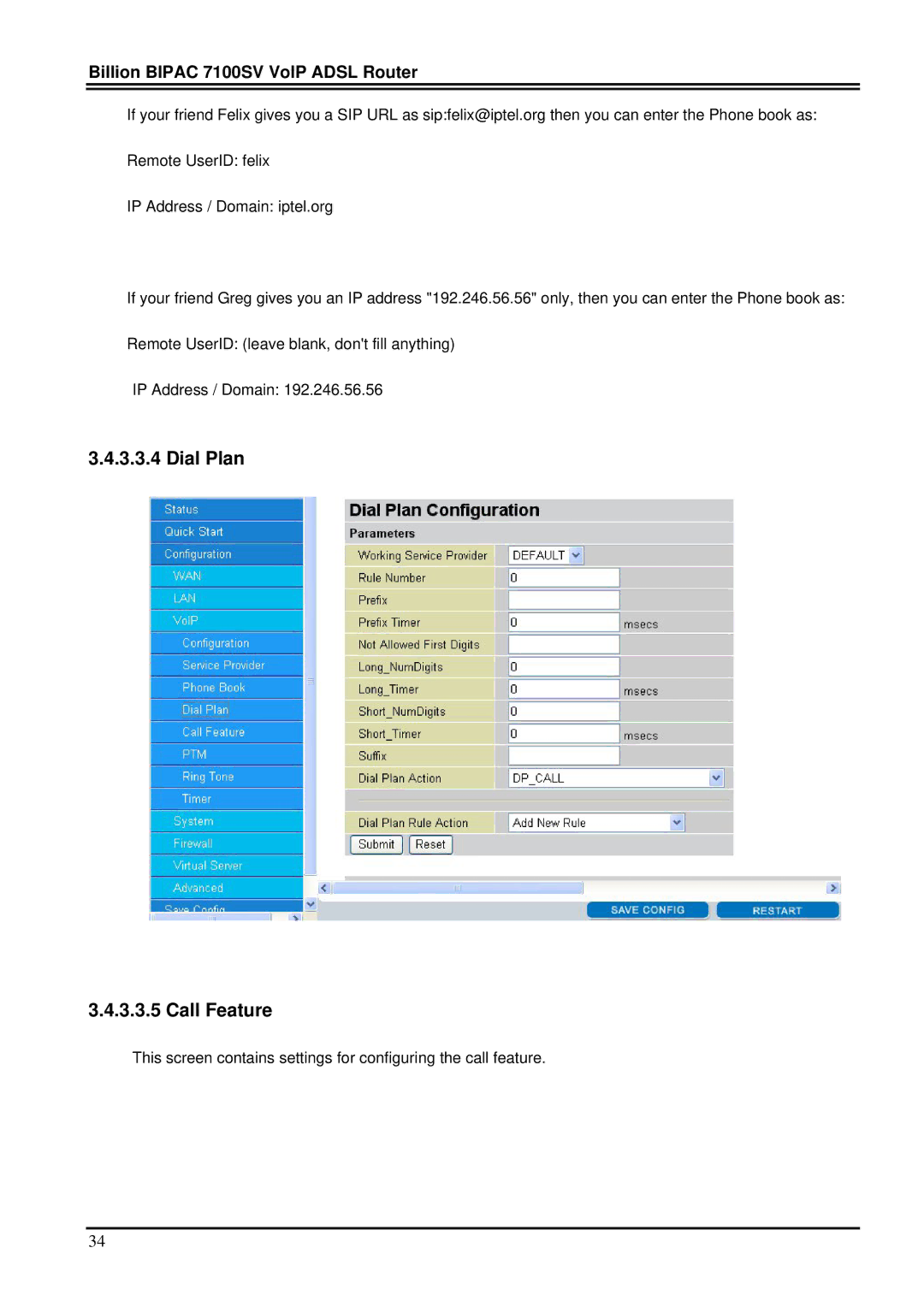 Billion Electric Company 7100SV manual Dial Plan Call Feature 