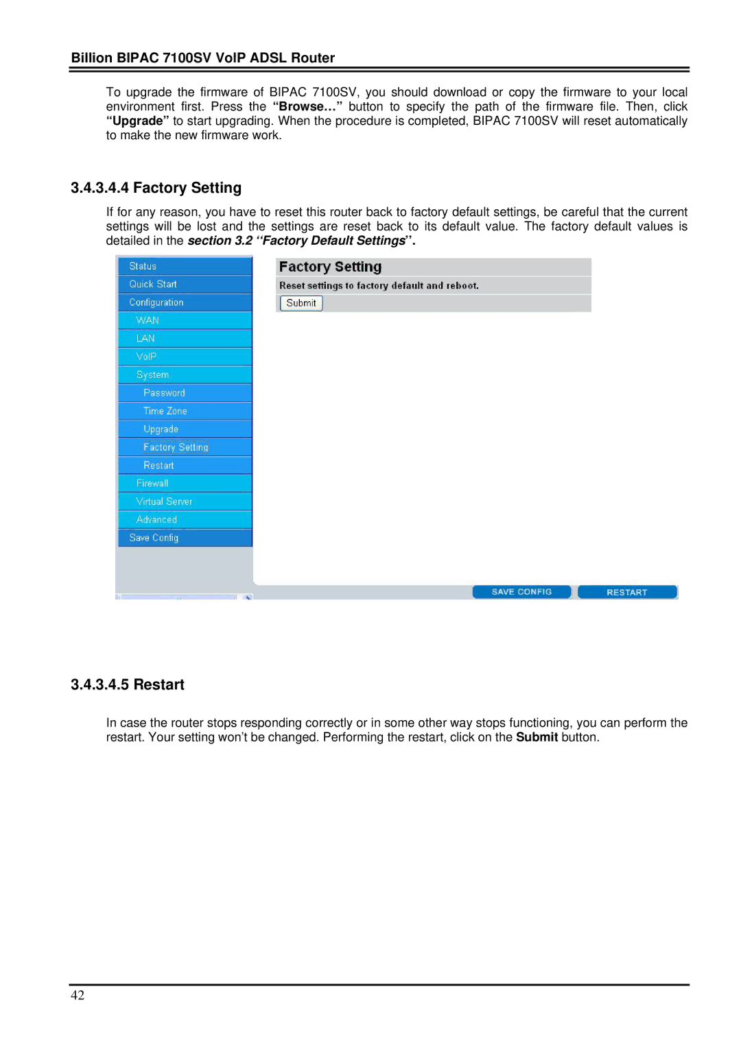 Billion Electric Company 7100SV manual Factory Setting, Restart 