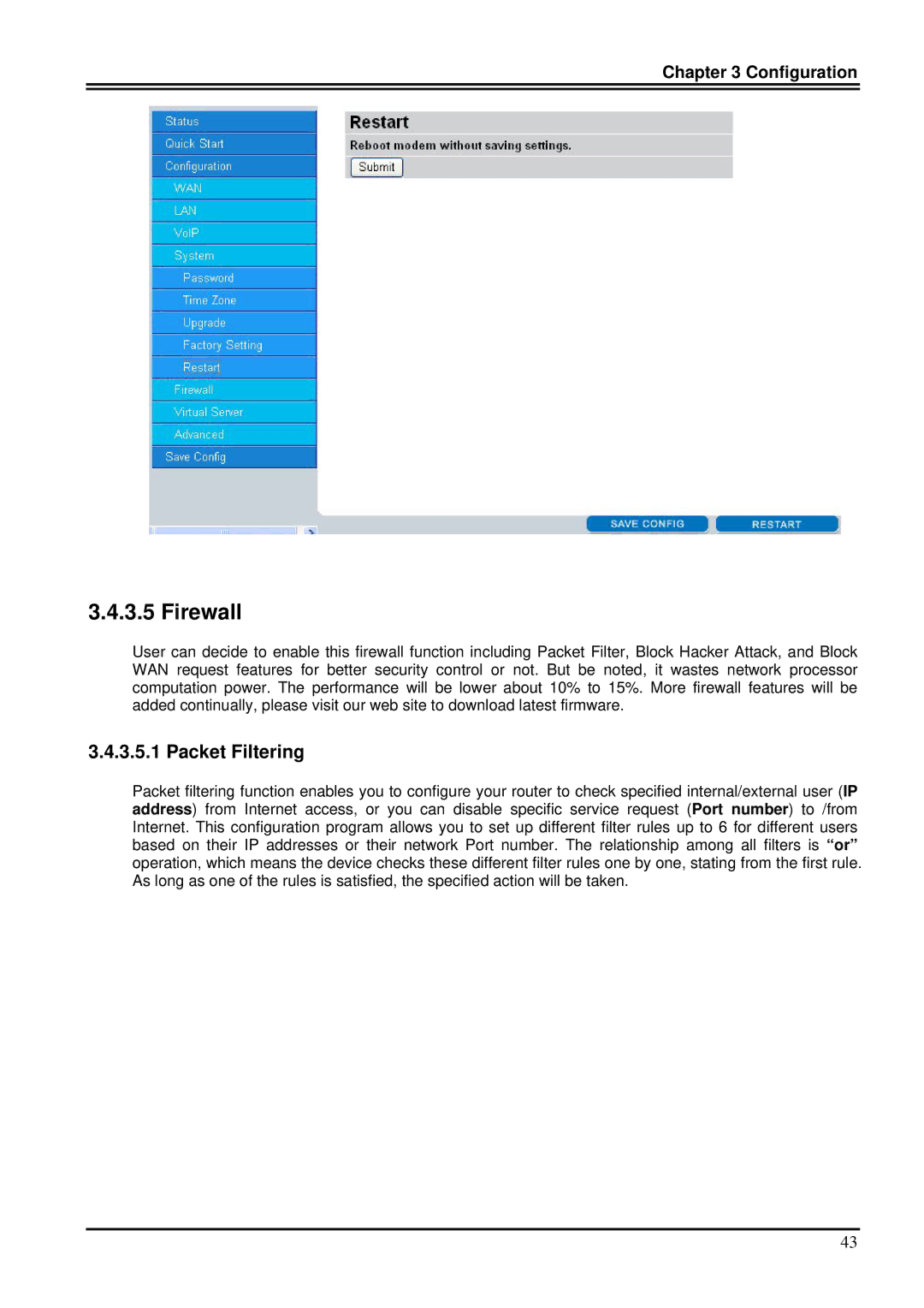 Billion Electric Company 7100SV manual Firewall, Packet Filtering 