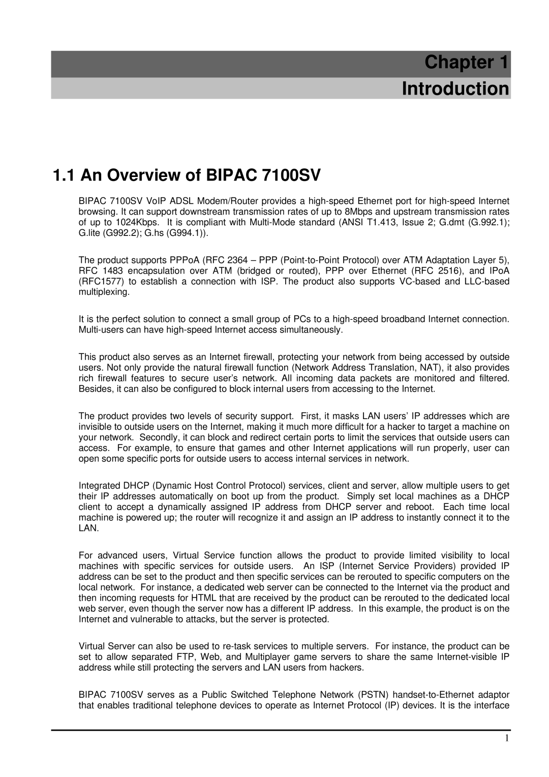 Billion Electric Company manual Chapter Introduction, An Overview of Bipac 7100SV 