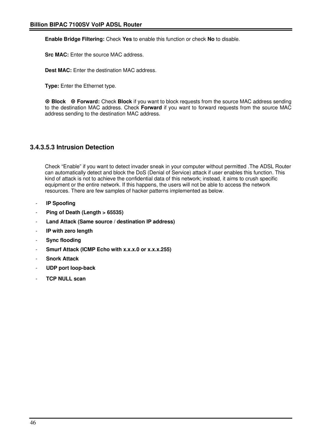 Billion Electric Company 7100SV manual Intrusion Detection 