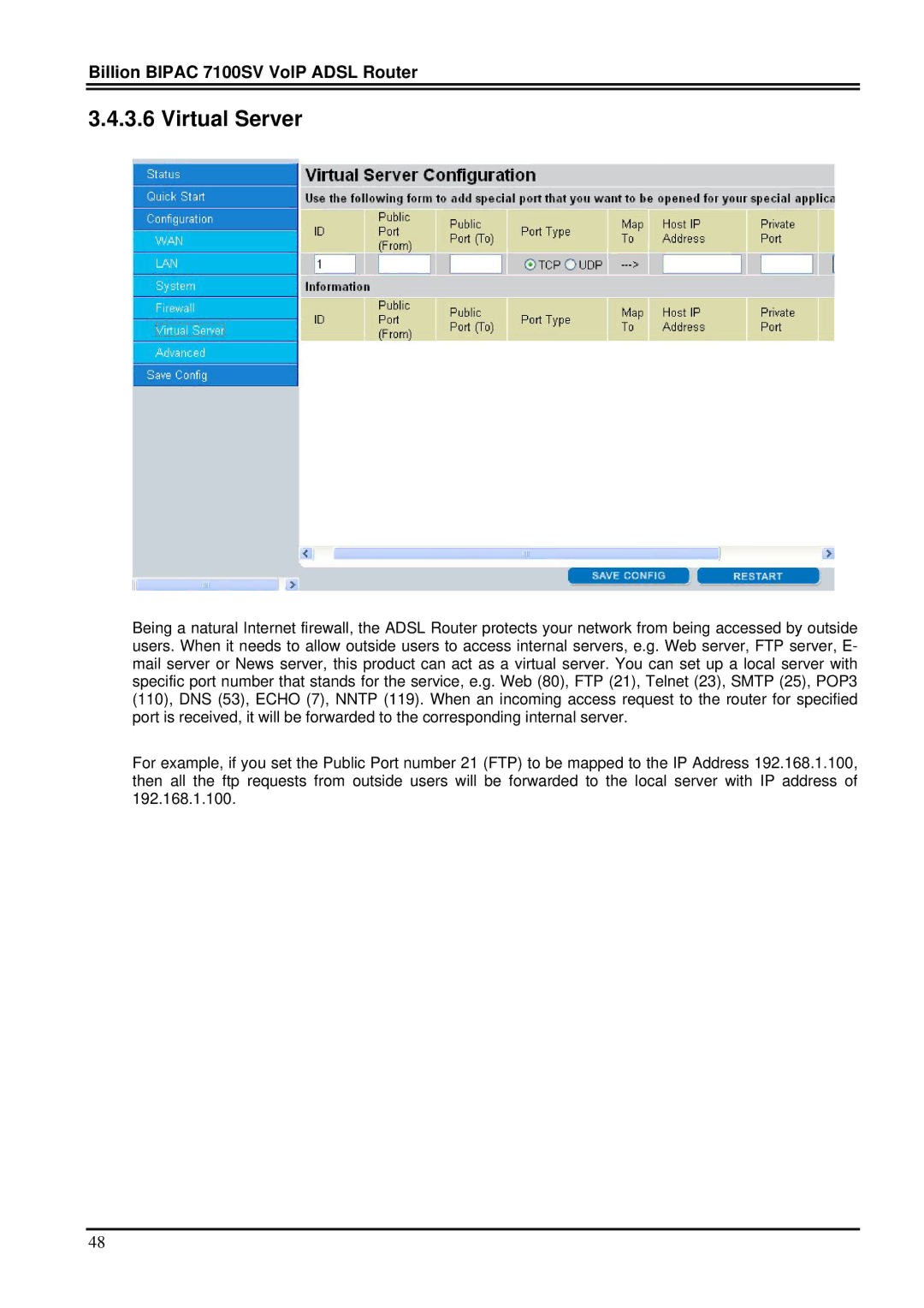 Billion Electric Company 7100SV manual Virtual Server 