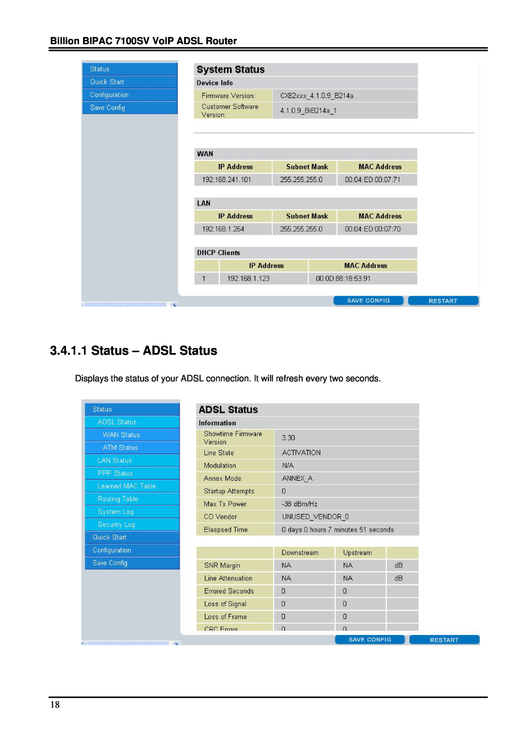 Billion Electric Company manual Status - ADSL Status, Billion BIPAC 7100SV VoIP ADSL Router 