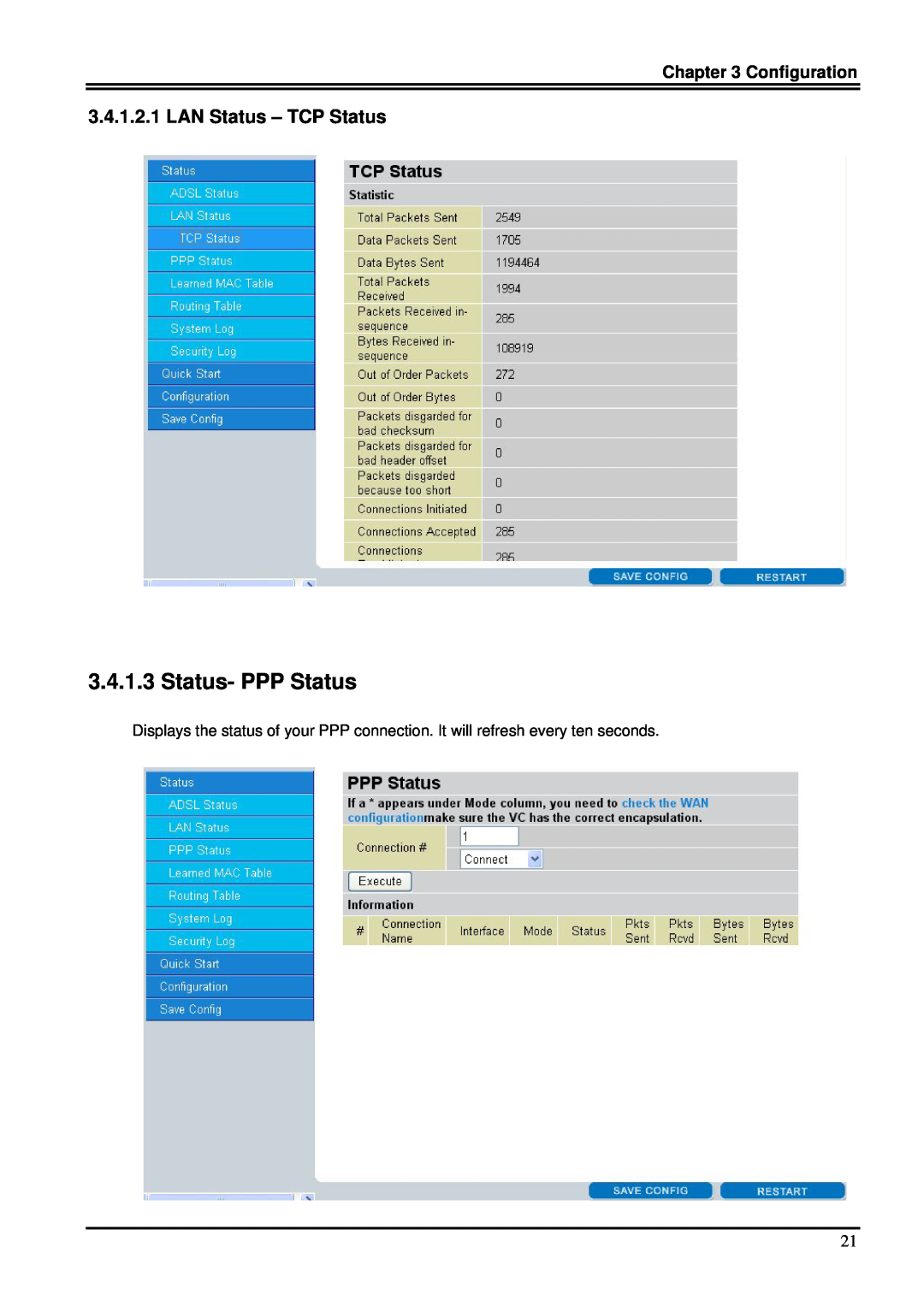 Billion Electric Company 7100SV manual Status- PPP Status, LAN Status - TCP Status, Configuration 