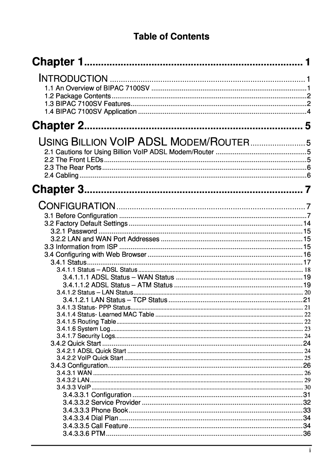 Billion Electric Company 7100SV manual Chapter, Table of Contents, Introduction, Using Billion Voip Adsl Modem/Router 