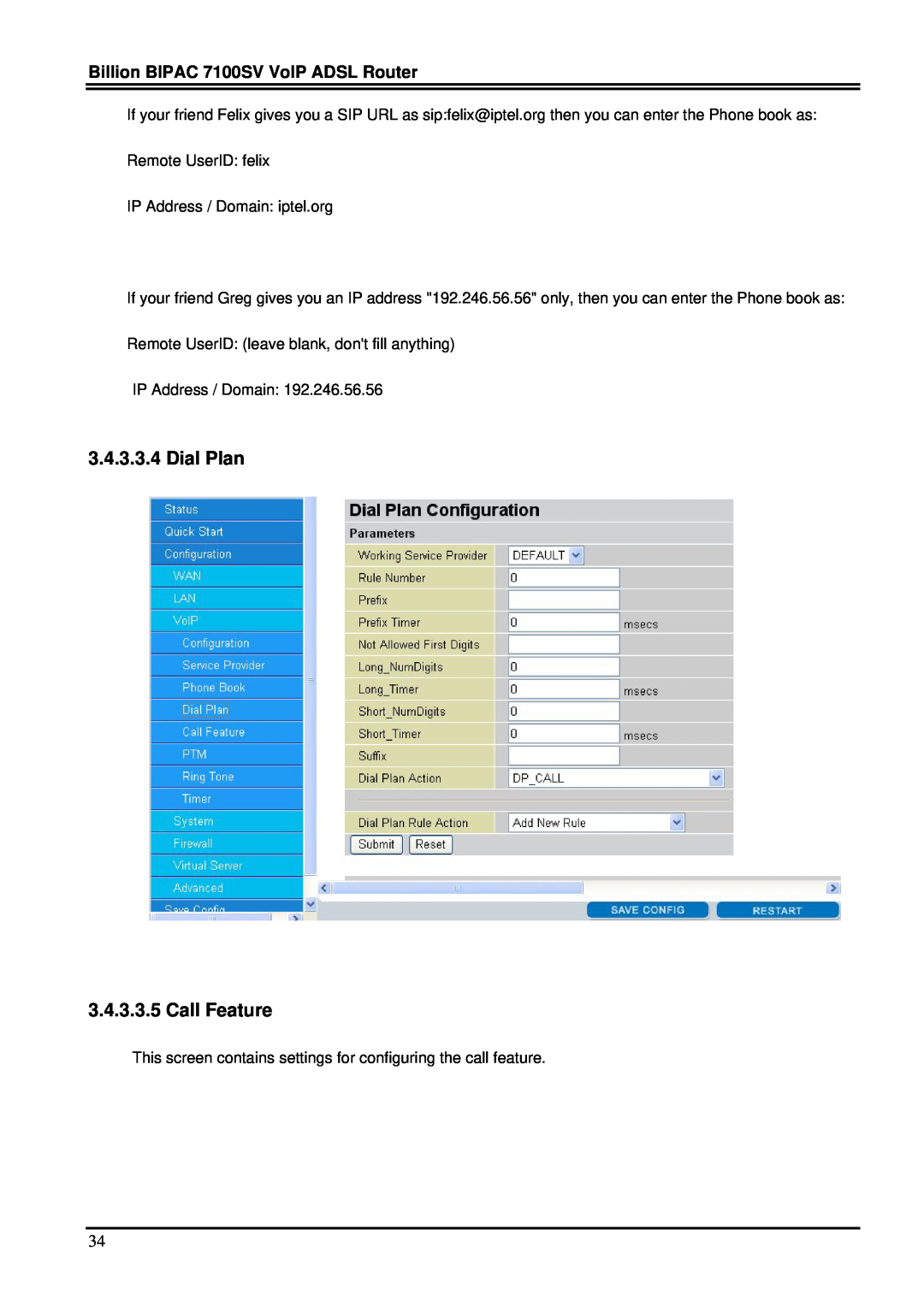 Billion Electric Company manual Dial Plan 3.4.3.3.5 Call Feature, Billion BIPAC 7100SV VoIP ADSL Router 