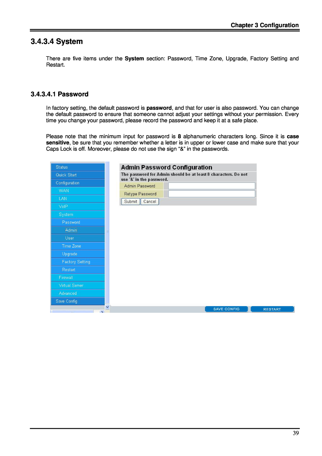 Billion Electric Company 7100SV manual System, Password, Configuration 