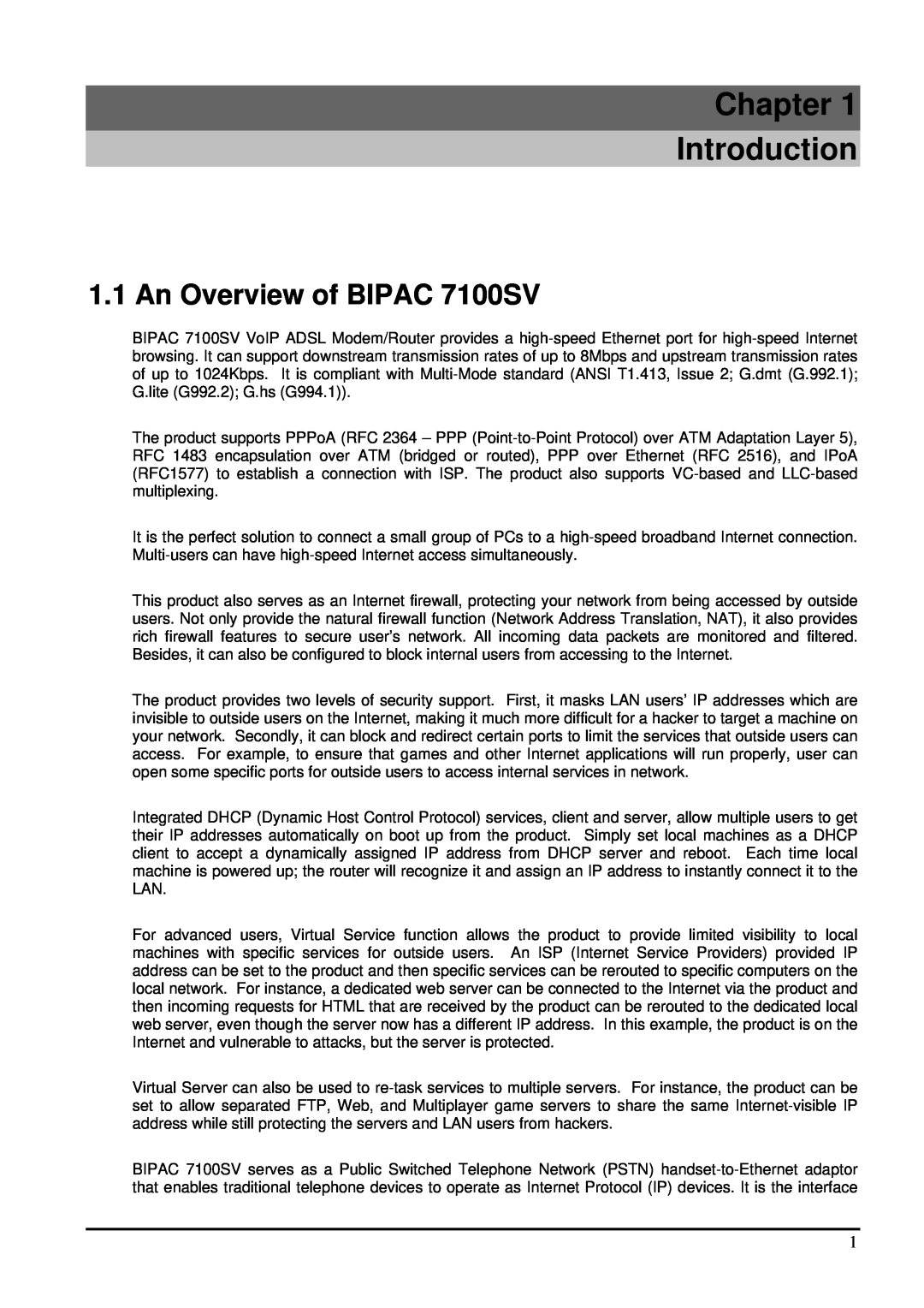Billion Electric Company manual Chapter Introduction, An Overview of BIPAC 7100SV 