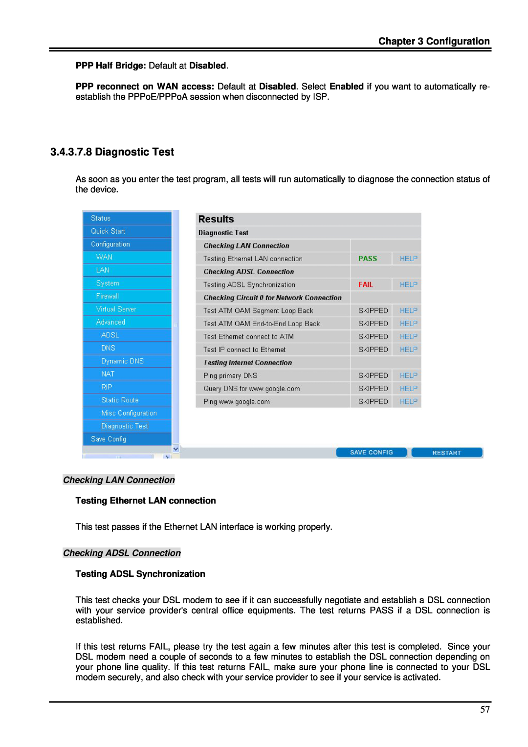 Billion Electric Company 7100SV manual Diagnostic Test, Configuration, PPP Half Bridge Default at Disabled 