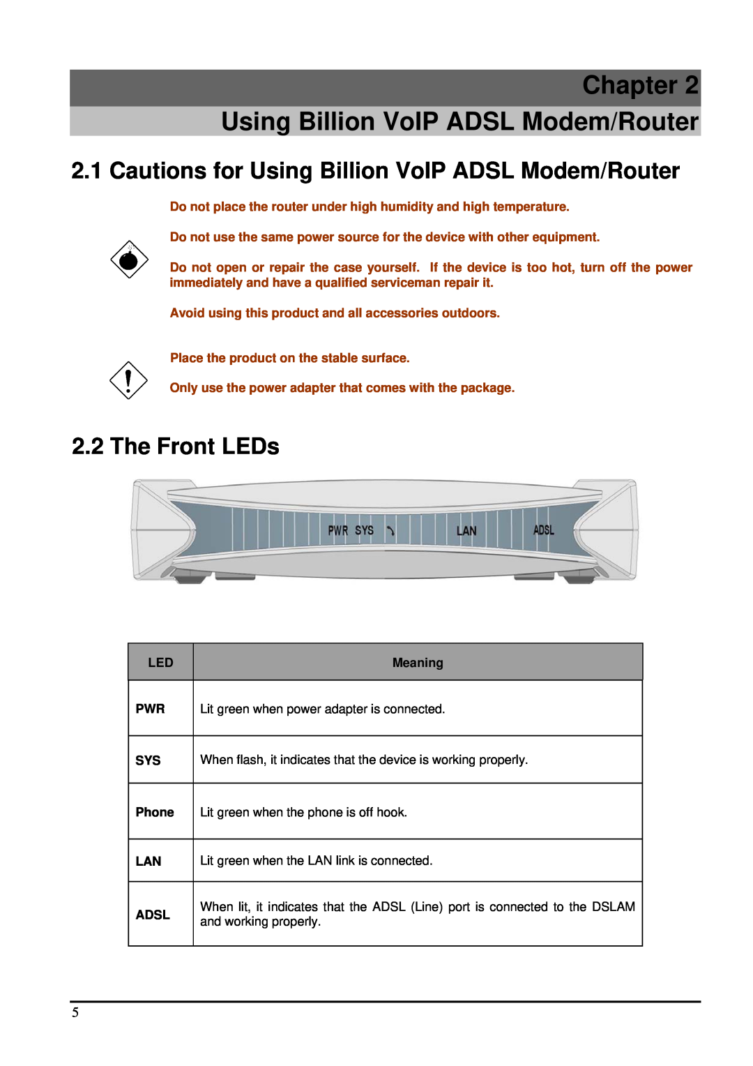 Billion Electric Company 7100SV manual Chapter Using Billion VoIP ADSL Modem/Router, The Front LEDs, Meaning, Phone, Adsl 