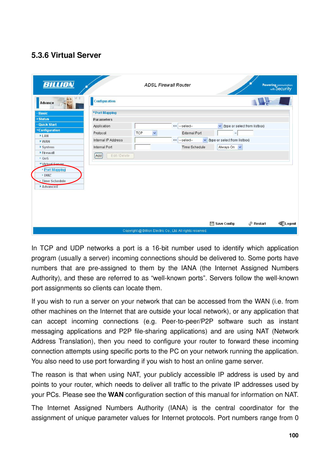 Billion Electric Company 7300GX user manual Virtual Server 