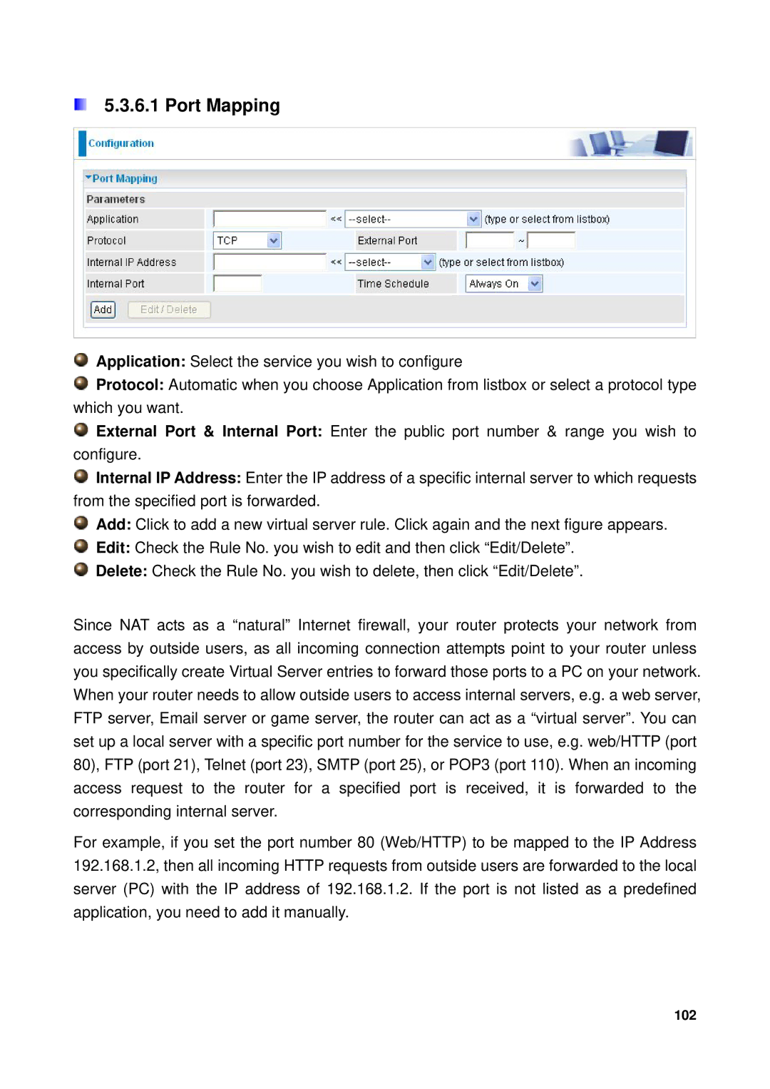 Billion Electric Company 7300GX user manual Port Mapping 