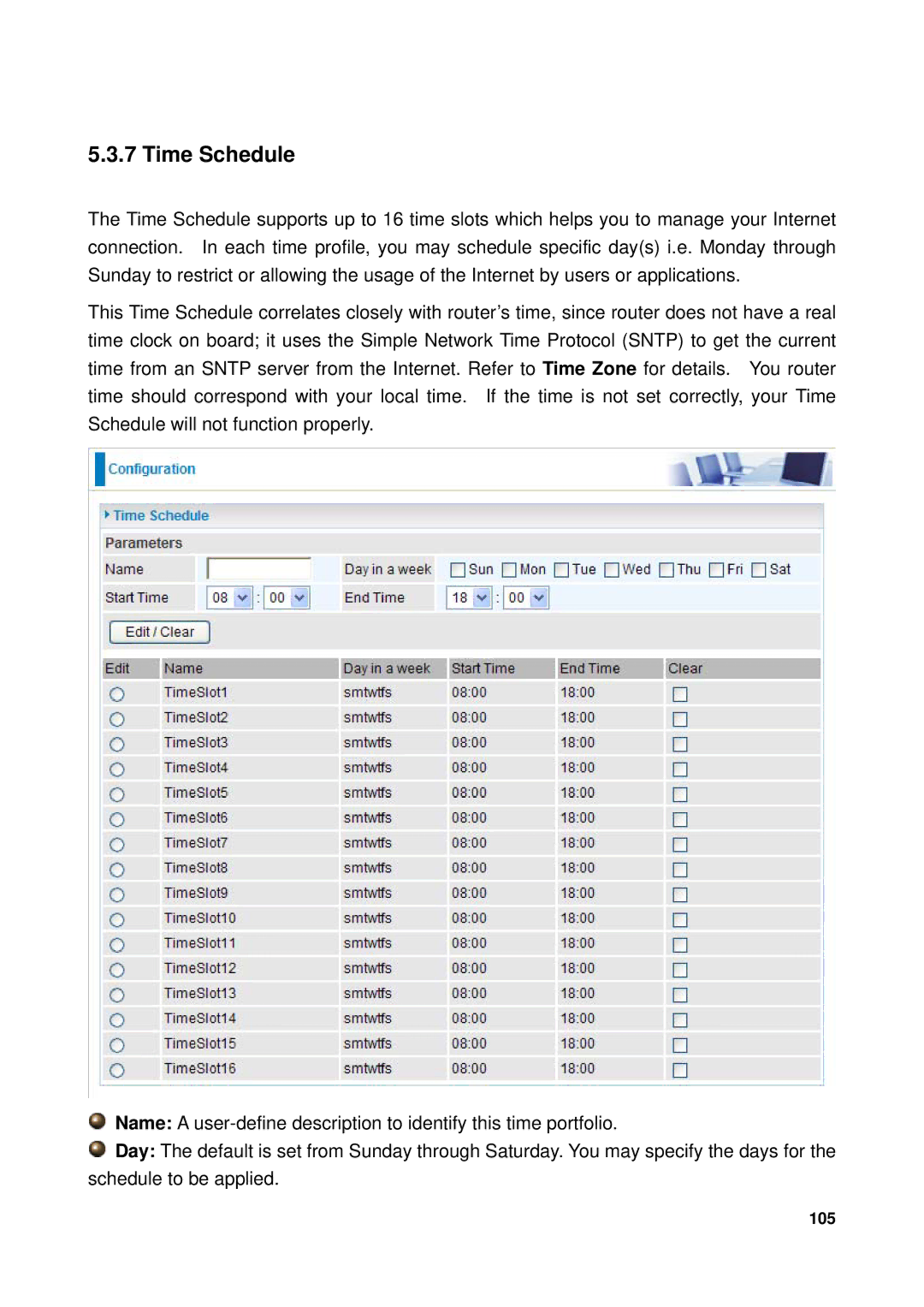 Billion Electric Company 7300GX user manual Time Schedule 