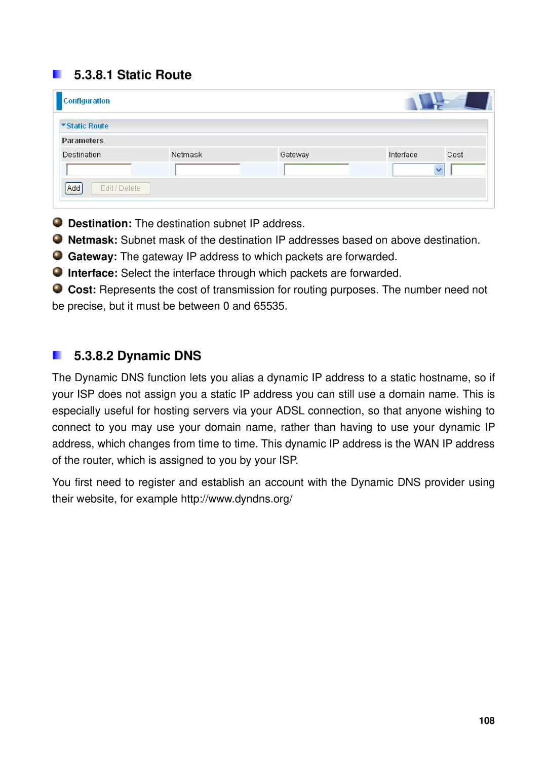 Billion Electric Company 7300GX user manual Static Route, Dynamic DNS 