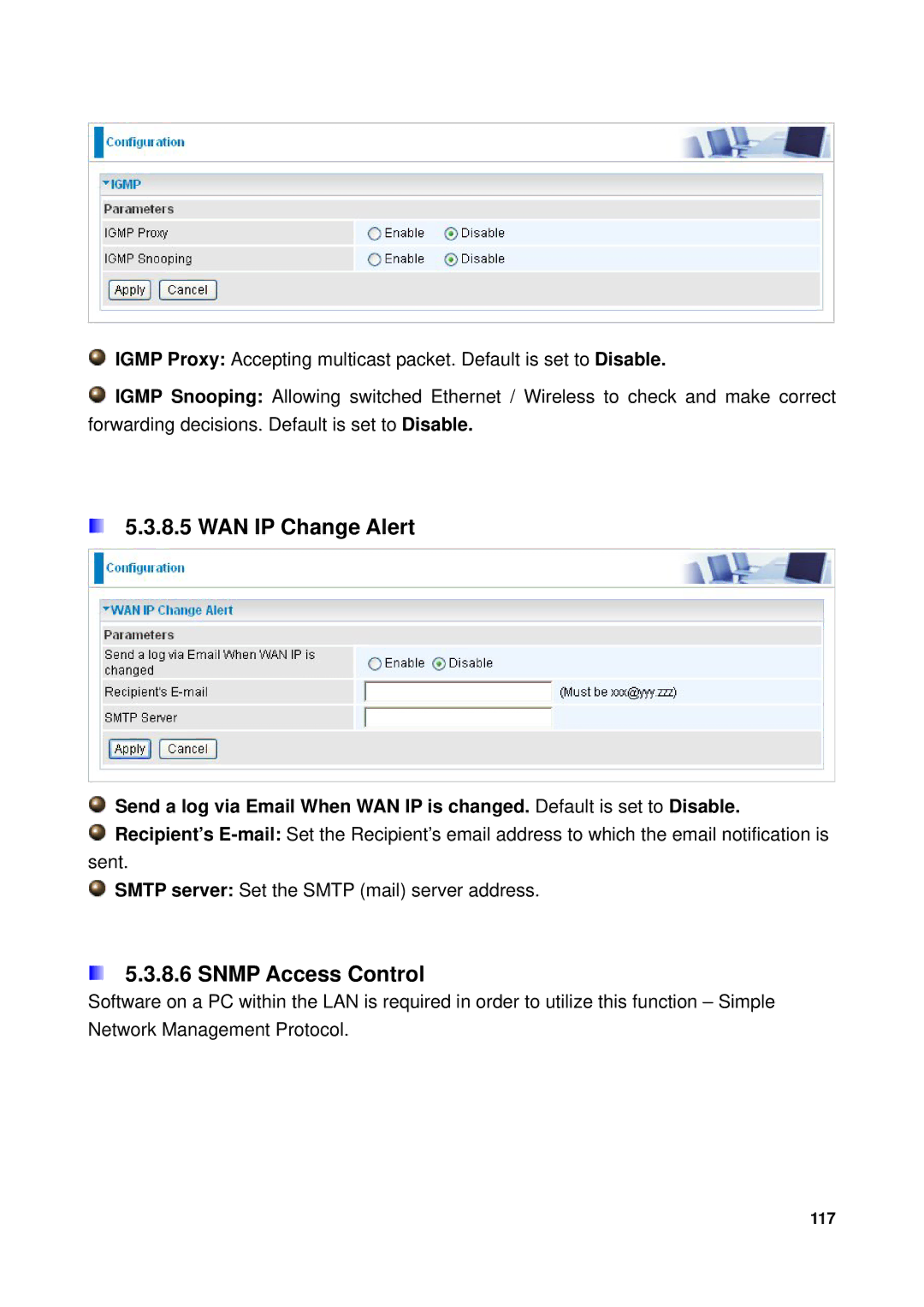 Billion Electric Company 7300GX user manual WAN IP Change Alert, Snmp Access Control 