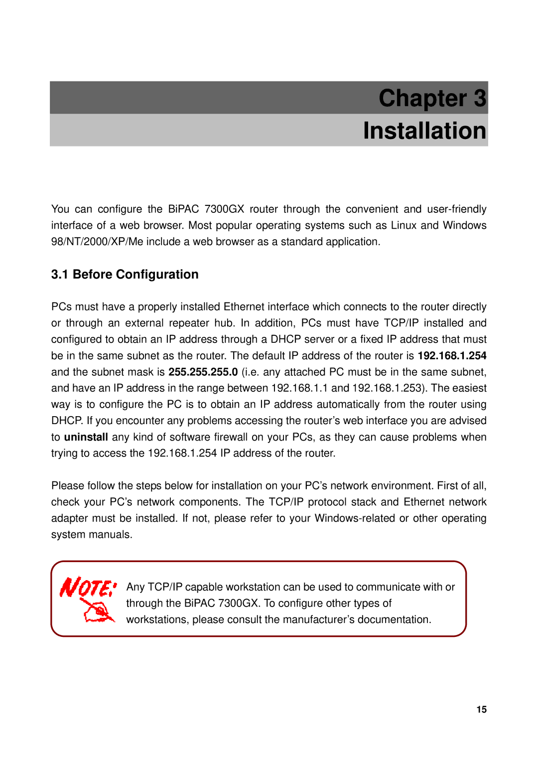 Billion Electric Company 7300GX user manual Chapter Installation, Before Configuration 