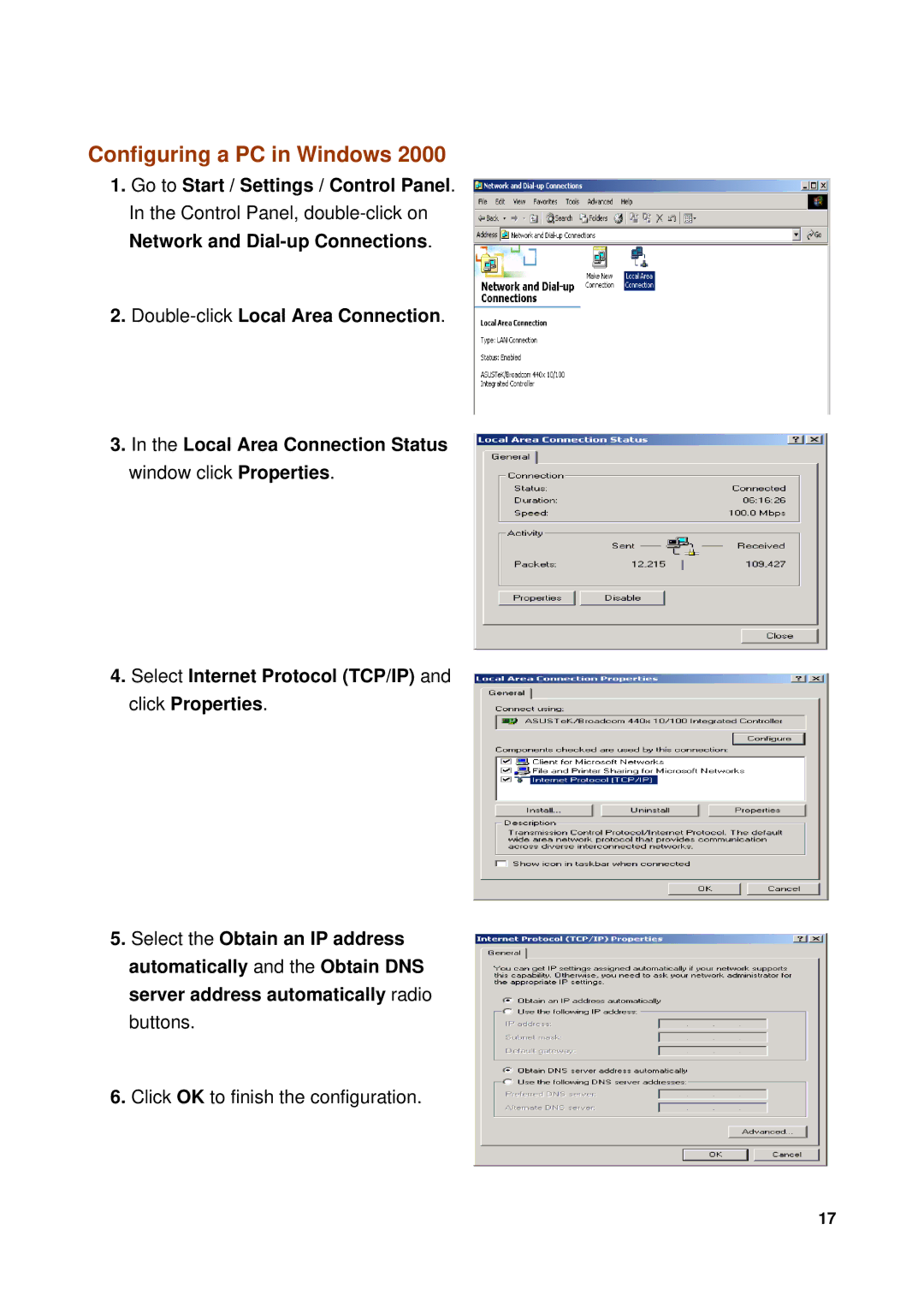 Billion Electric Company 7300GX Configuring a PC in Windows, Select Internet Protocol TCP/IP and click Properties 