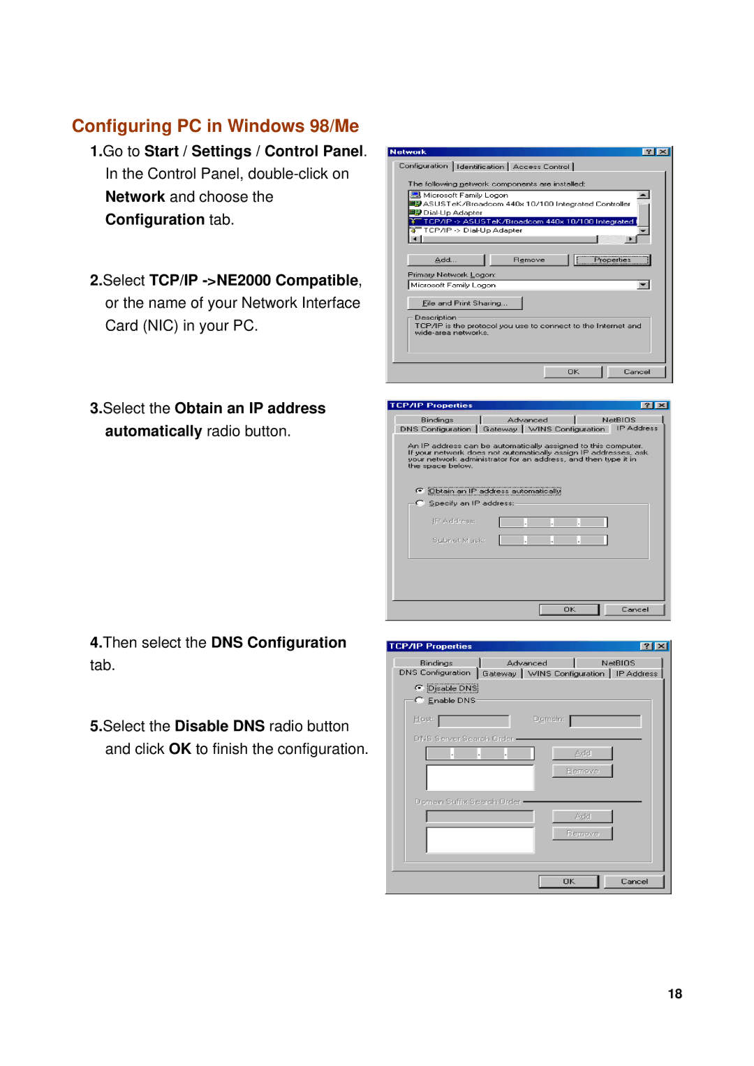 Billion Electric Company 7300GX user manual Go to Start / Settings / Control Panel, Configuration tab 