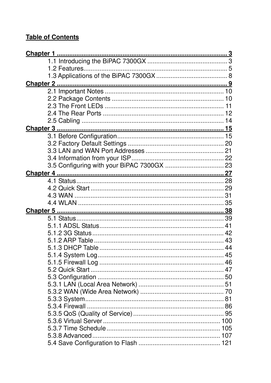 Billion Electric Company 7300GX user manual Table of Contents Chapter 