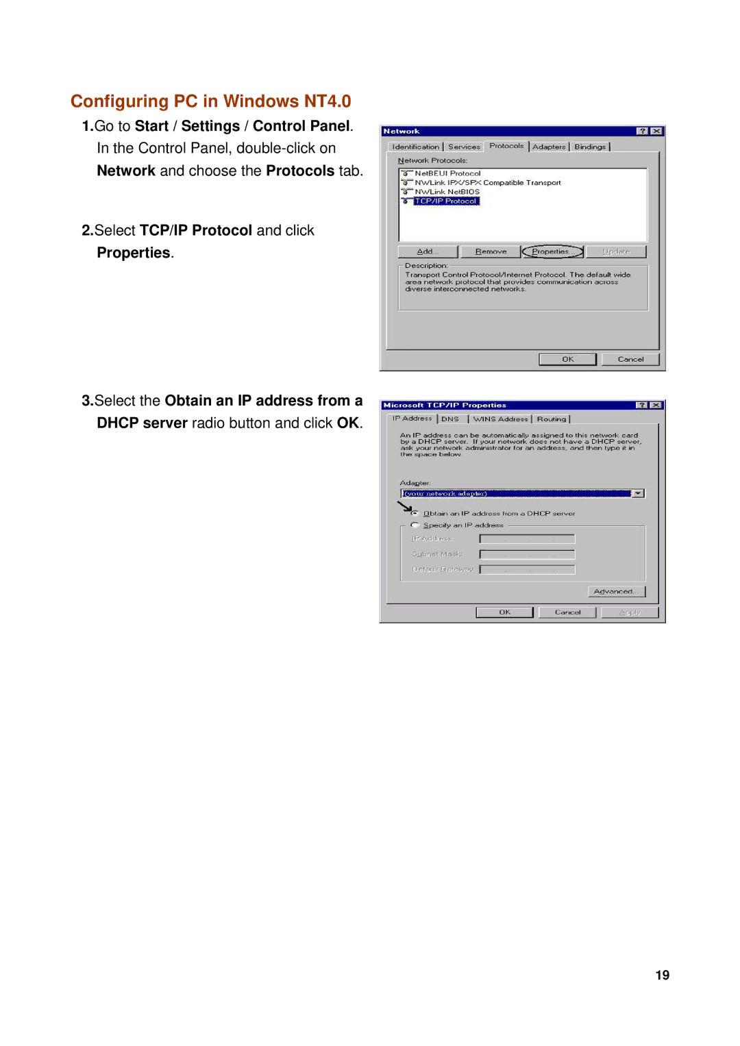 Billion Electric Company 7300GX user manual Configuring PC in Windows NT4.0 