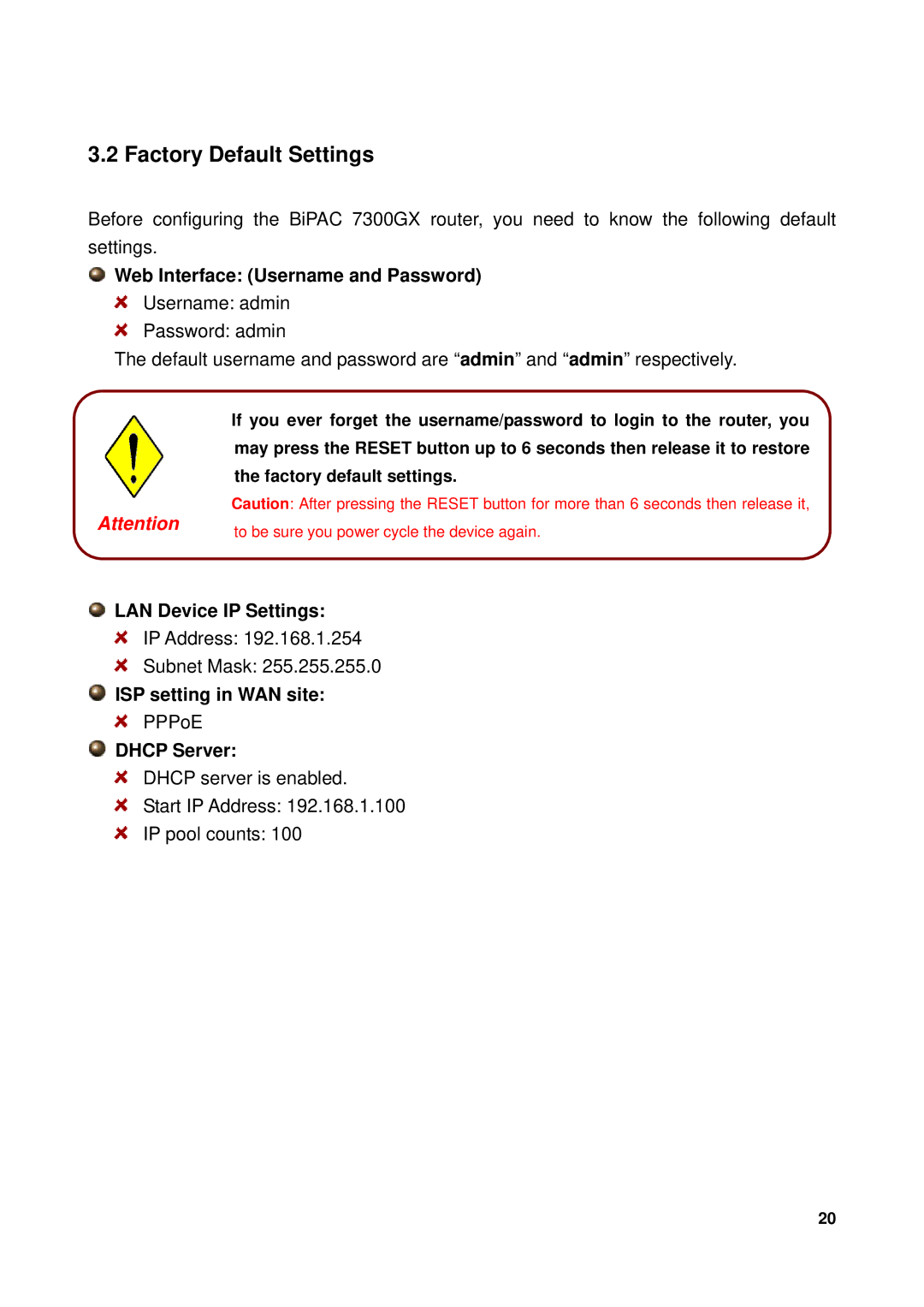 Billion Electric Company 7300GX Factory Default Settings, Web Interface Username and Password, LAN Device IP Settings 