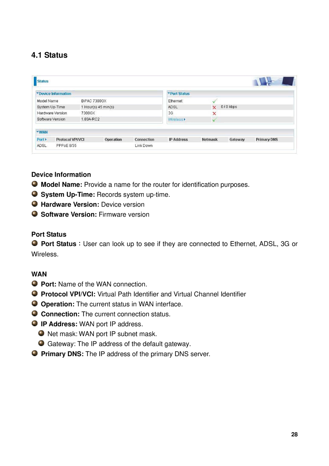 Billion Electric Company 7300GX user manual Status, Device Information 