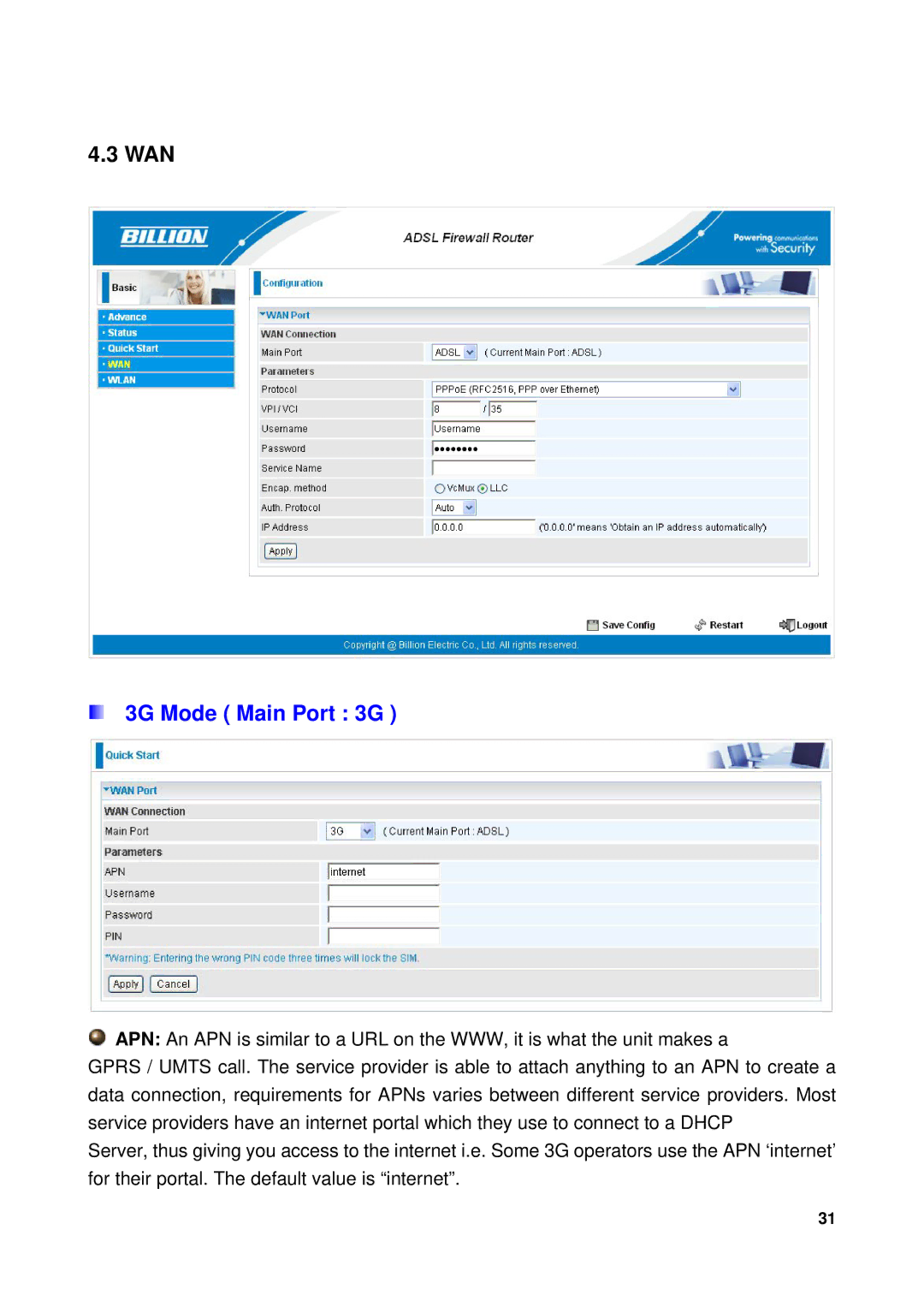 Billion Electric Company 7300GX user manual Wan, 3G Mode Main Port 3G 