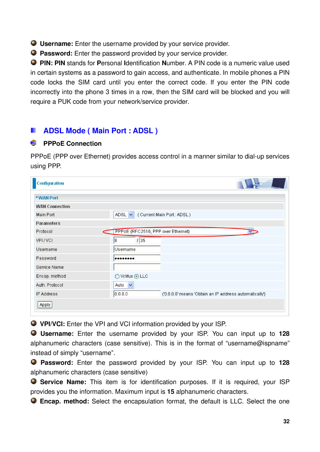 Billion Electric Company 7300GX user manual Adsl Mode Main Port Adsl, PPPoE Connection 