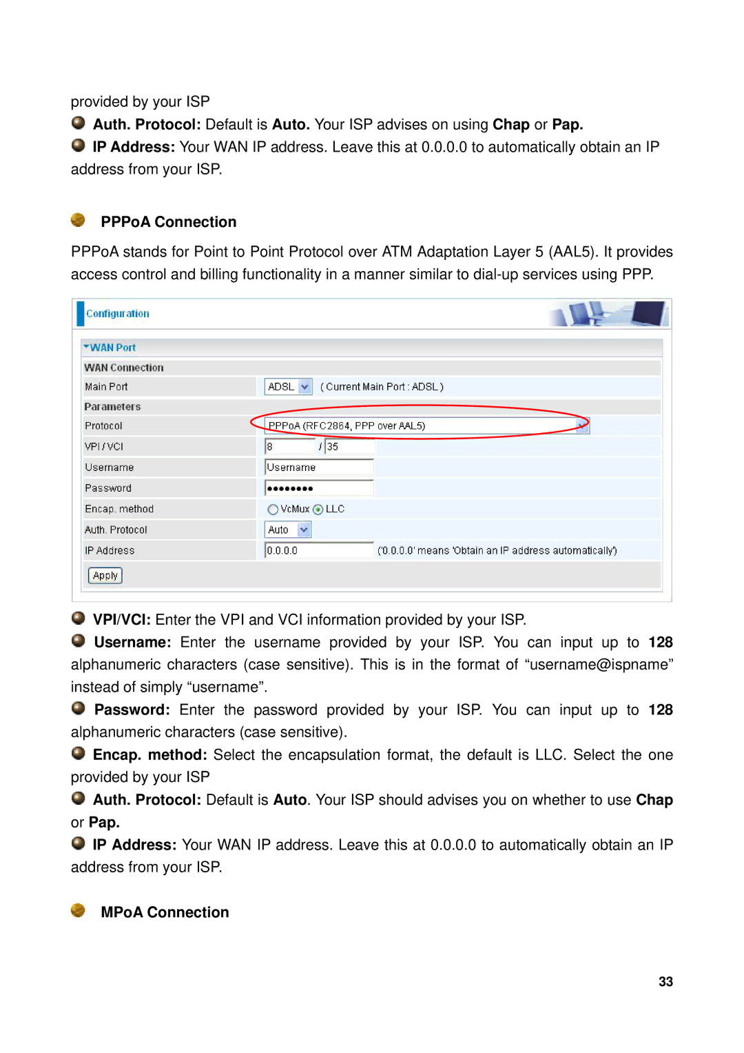 Billion Electric Company 7300GX user manual PPPoA Connection, Or Pap, MPoA Connection 