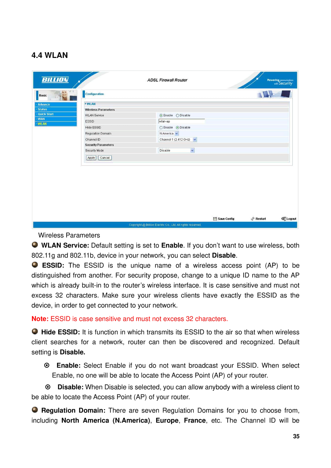 Billion Electric Company 7300GX user manual Wlan 