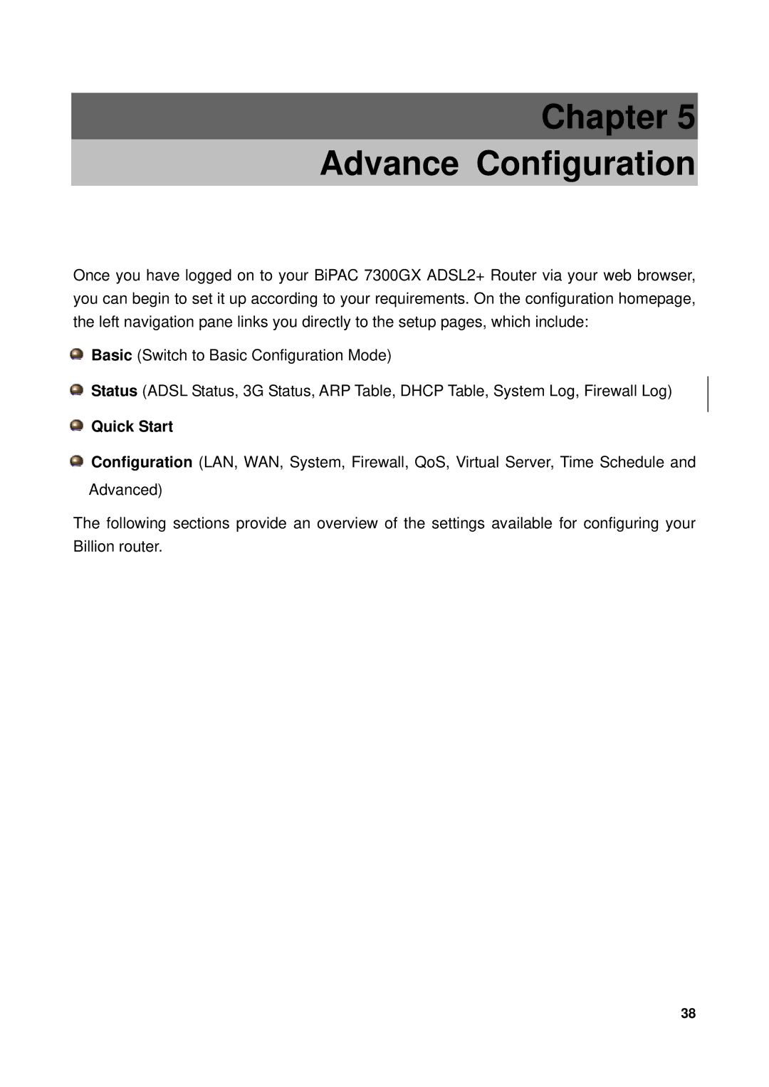 Billion Electric Company 7300GX user manual Chapter Advance Configuration 