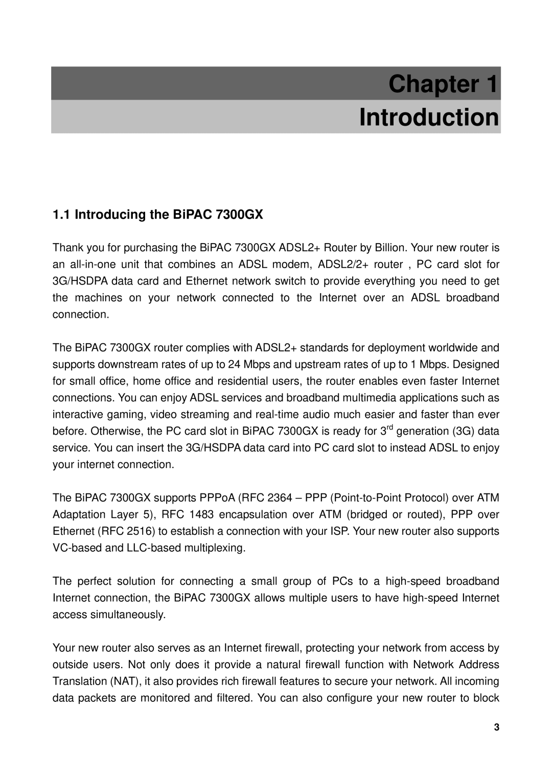 Billion Electric Company user manual Chapter Introduction, Introducing the BiPAC 7300GX 