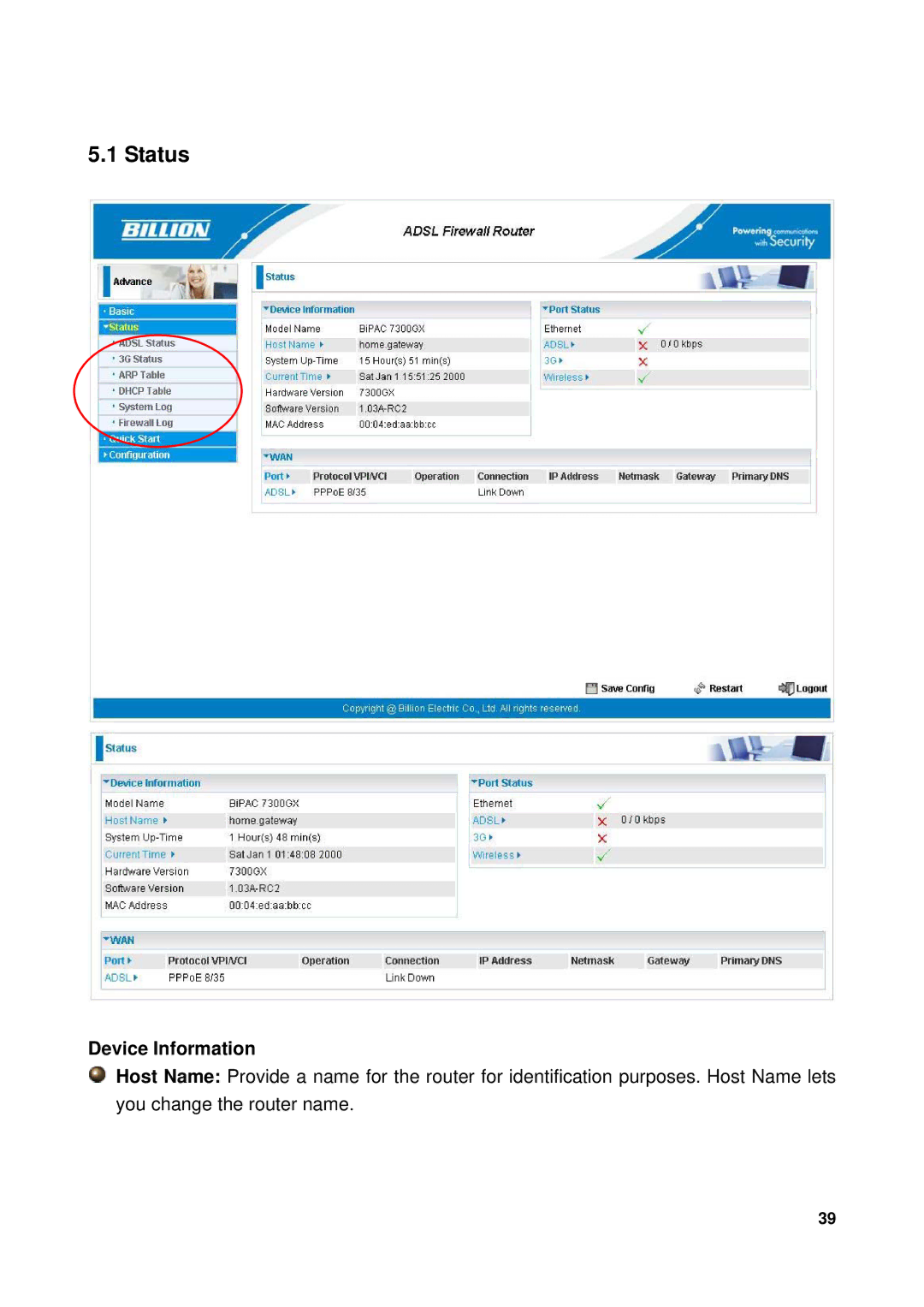 Billion Electric Company 7300GX user manual Status 