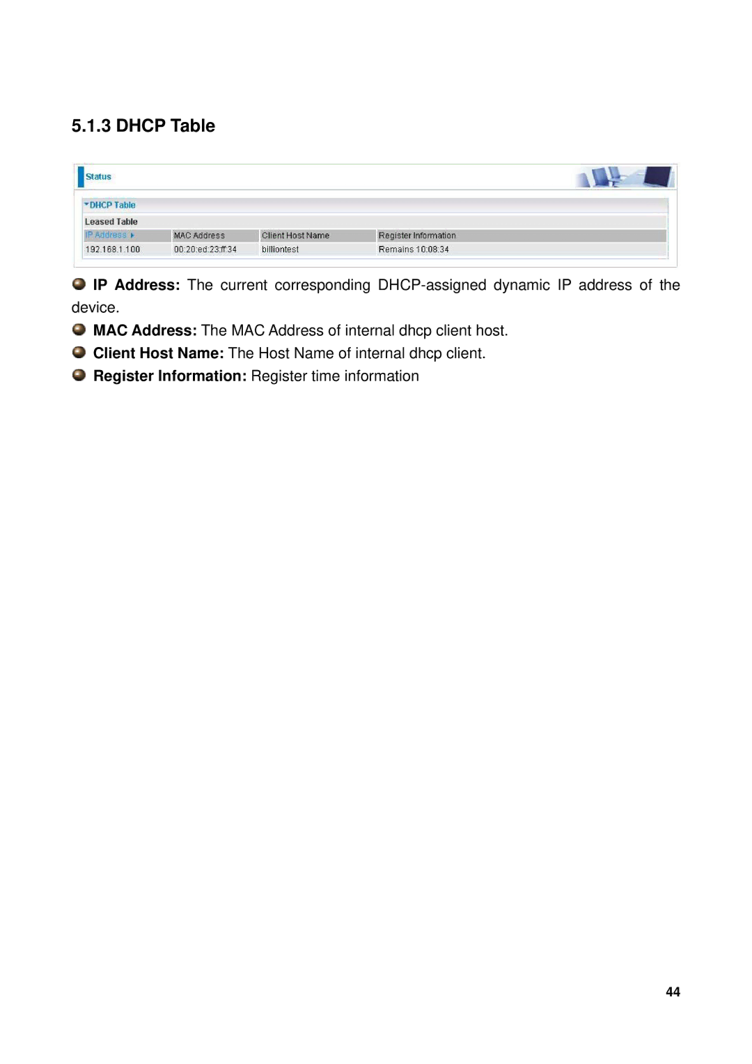 Billion Electric Company 7300GX user manual Dhcp Table 