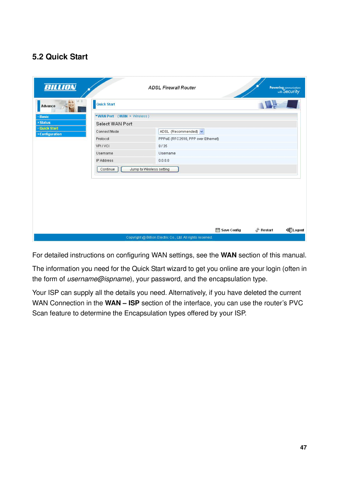 Billion Electric Company 7300GX user manual Quick Start 