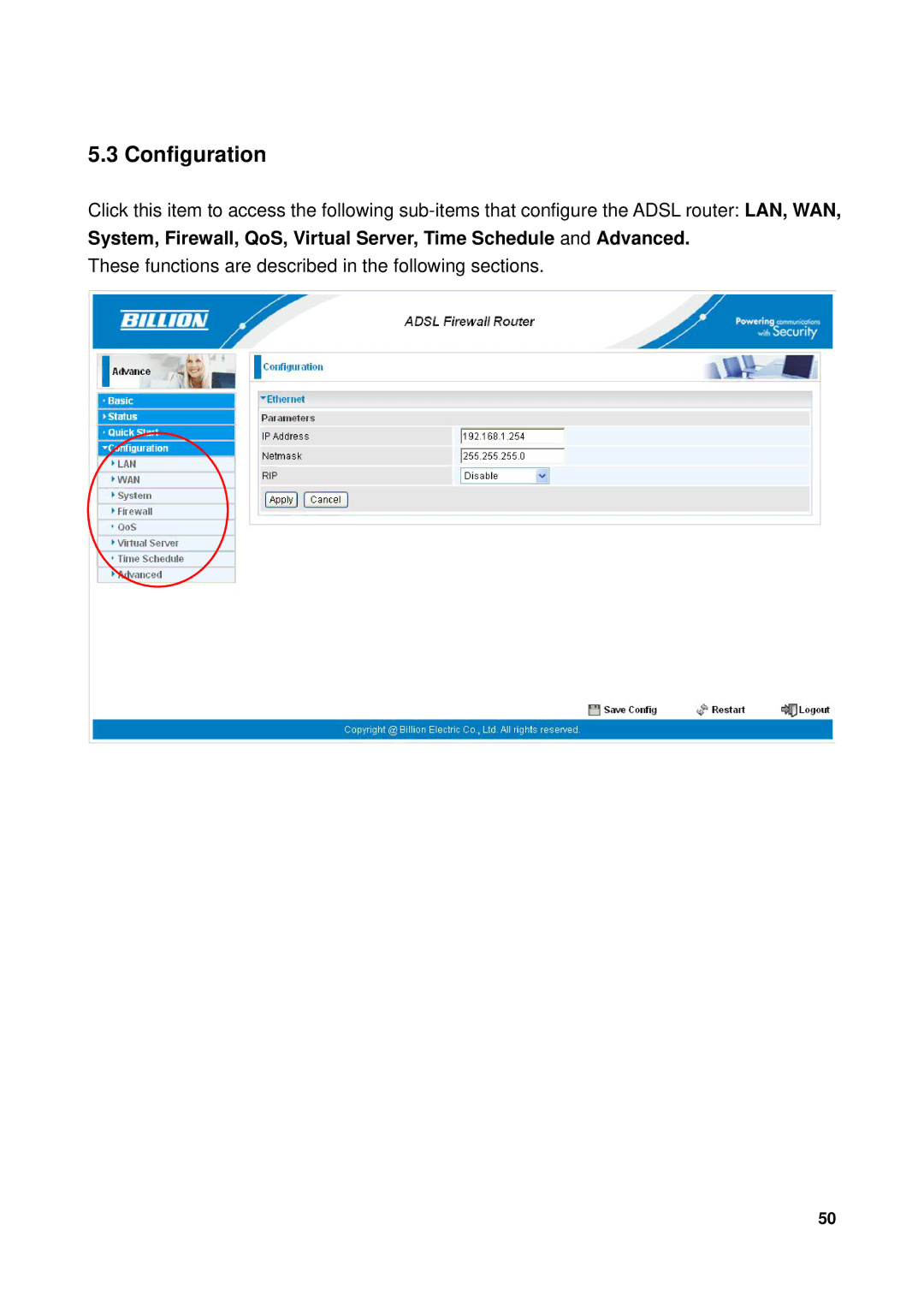 Billion Electric Company 7300GX user manual Configuration 