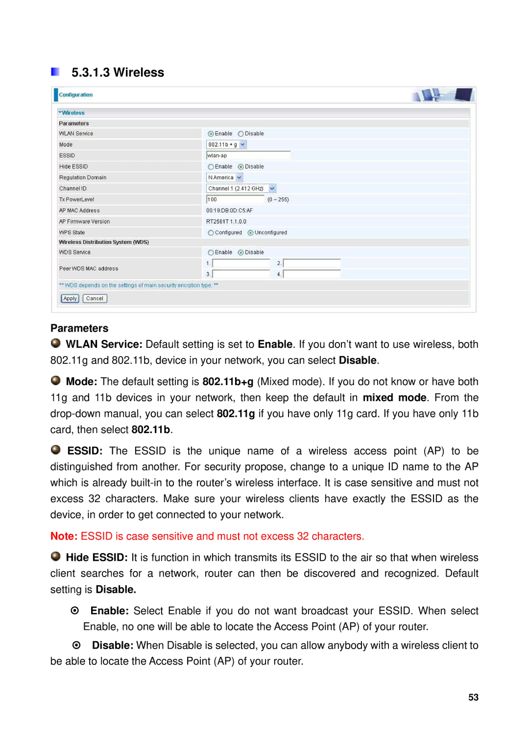 Billion Electric Company 7300GX user manual Wireless, Parameters 