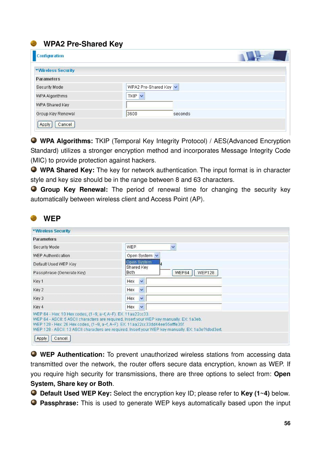 Billion Electric Company 7300GX user manual WPA2 Pre-Shared Key, Wep 