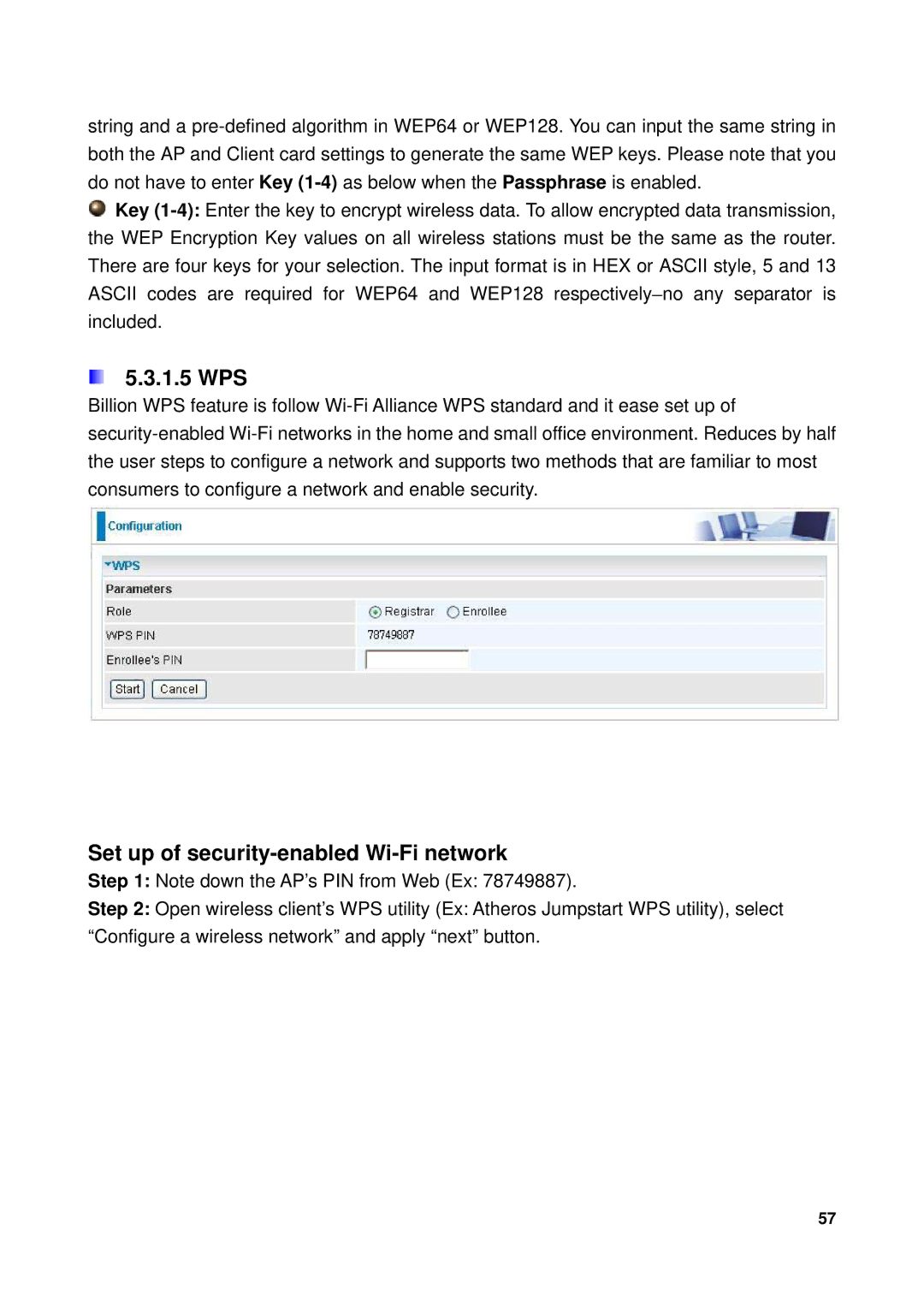 Billion Electric Company 7300GX user manual 1.5 WPS, Set up of security-enabled Wi-Fi network 