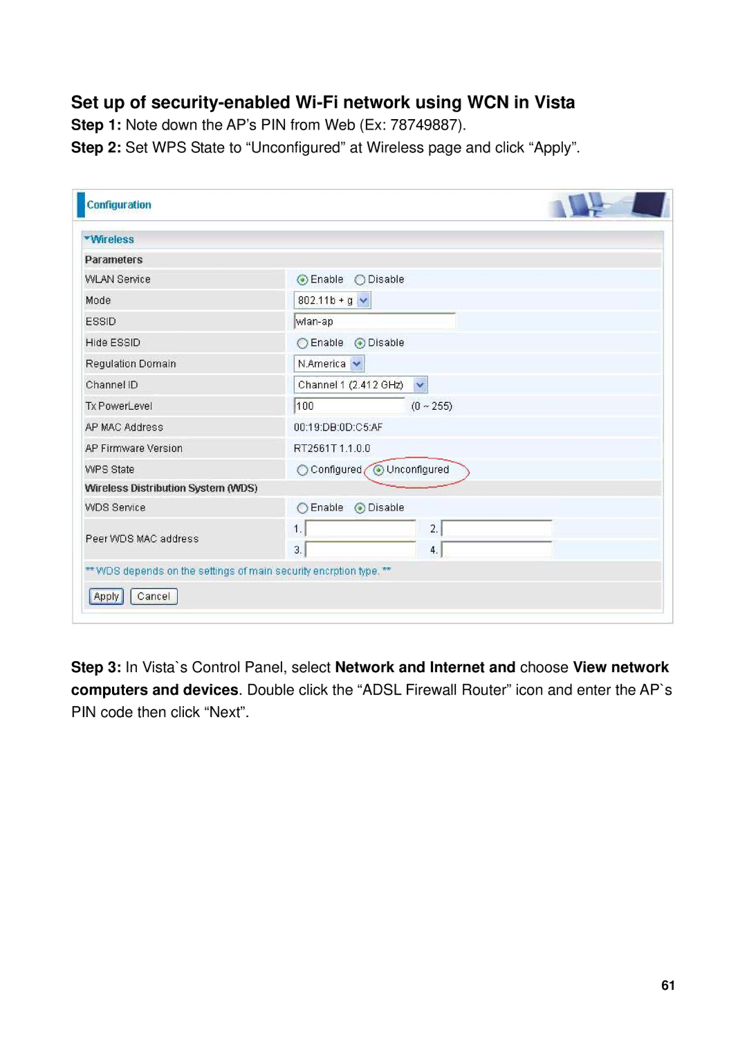 Billion Electric Company 7300GX user manual Set up of security-enabled Wi-Fi network using WCN in Vista 